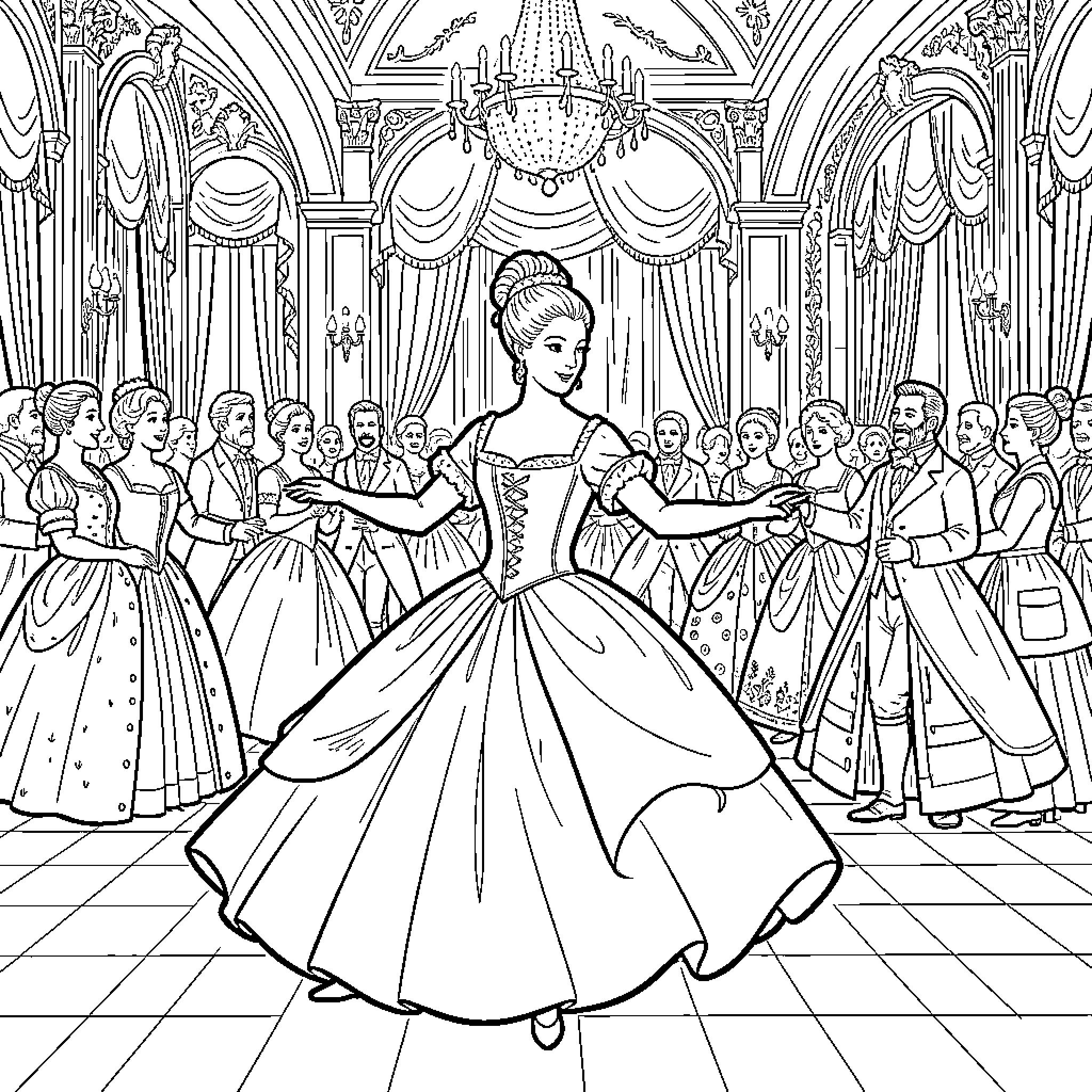 Marie Antoinette dancing in a grand ballroom Coloring Page (free black-and-white line drawing printable PDF for all, from beginners to advanced learners, including children, teens, adults, and seniors)