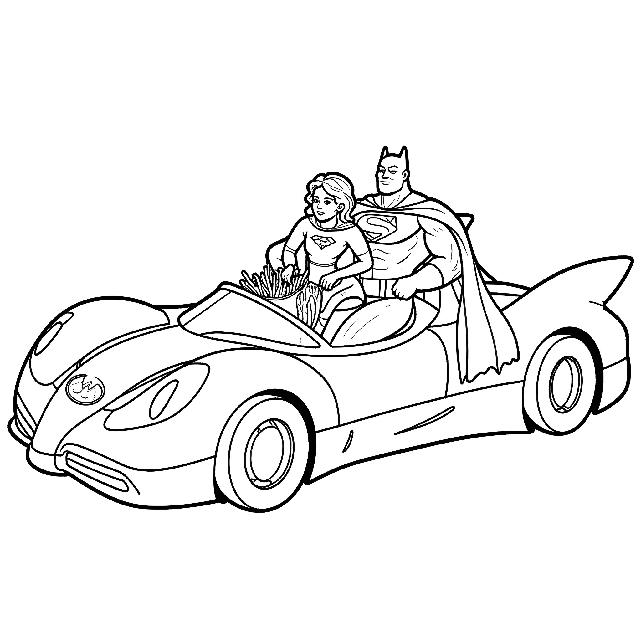 Superman and Supergirl riding in a futuristic sports car Coloring Page (free black-and-white line drawing printable PDF for all, from beginners to advanced learners, including children, teens, adults, and seniors)