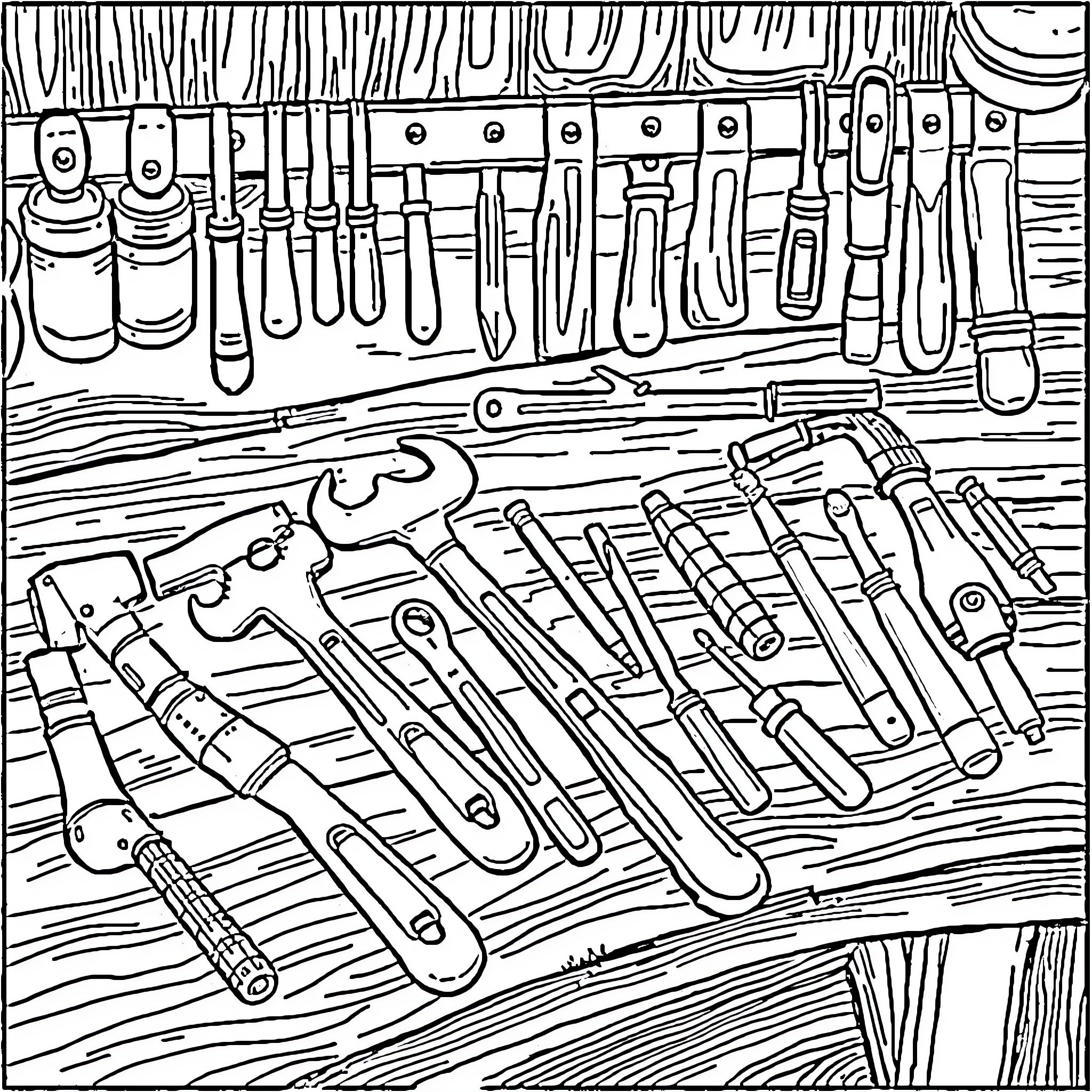 Tool Display of Repair and Construction Instruments Coloring Page (free black-and-white line drawing printable PDF for all, from beginners to advanced learners, including children, teens, adults, and seniors)