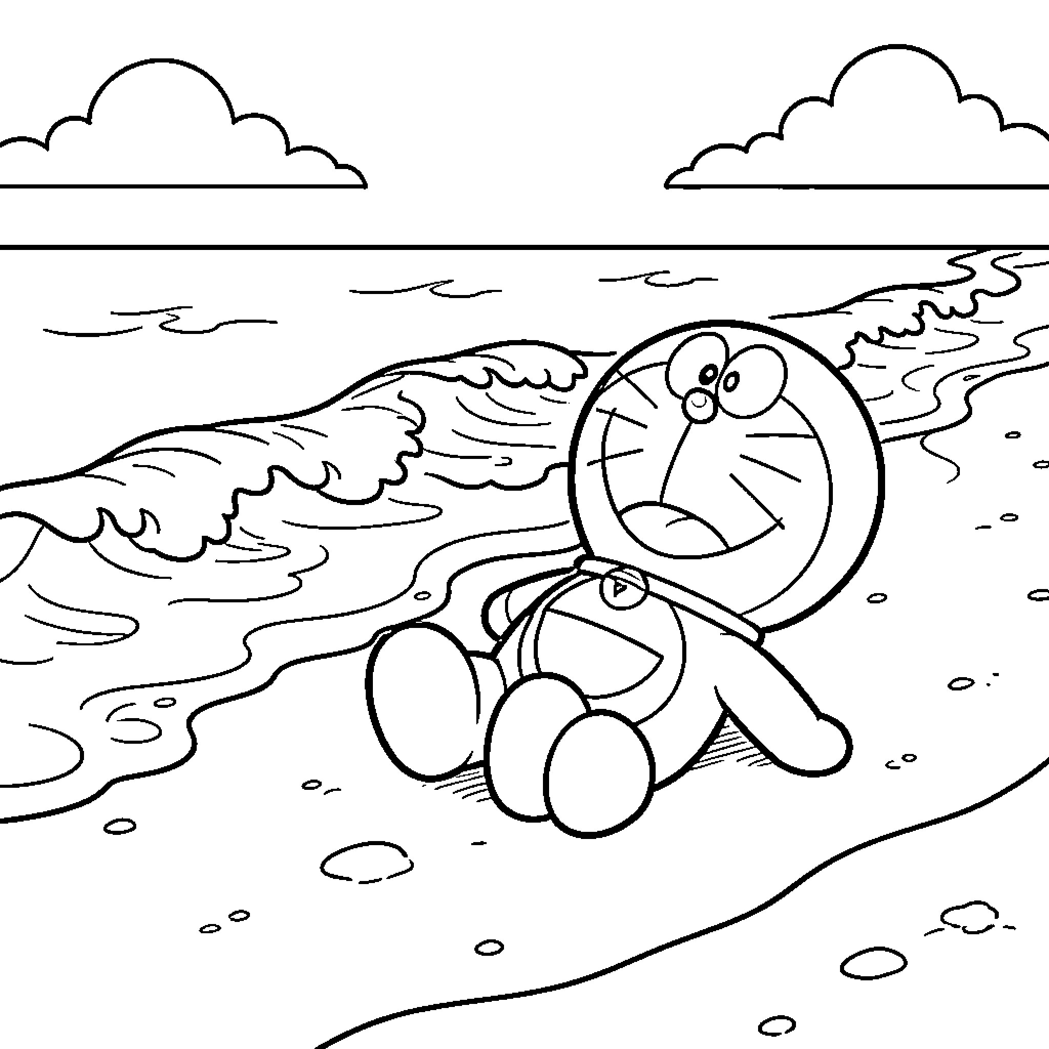 Doraemon relaxing and lounging on the beach Coloring Page (free black-and-white line drawing printable PDF for all, from beginners to advanced learners, including children, teens, adults, and seniors)