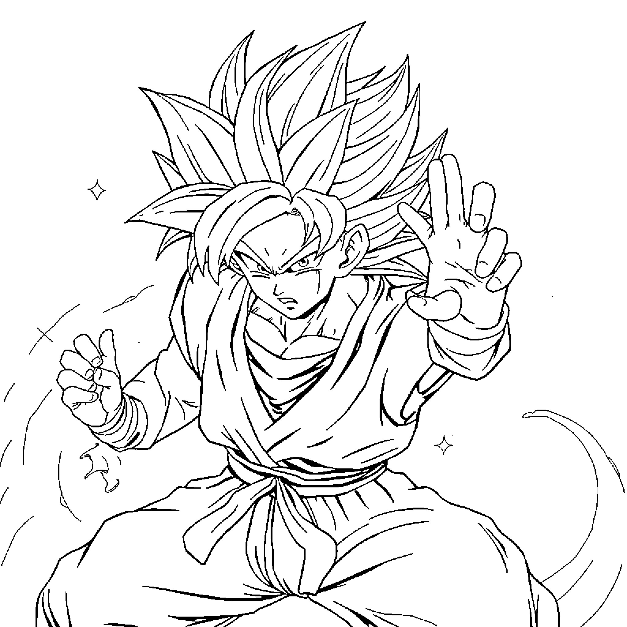 Son Goku's Powerful Transformation Coloring Page (free black-and-white line drawing printable PDF for all, from beginners to advanced learners, including children, teens, adults, and seniors)
