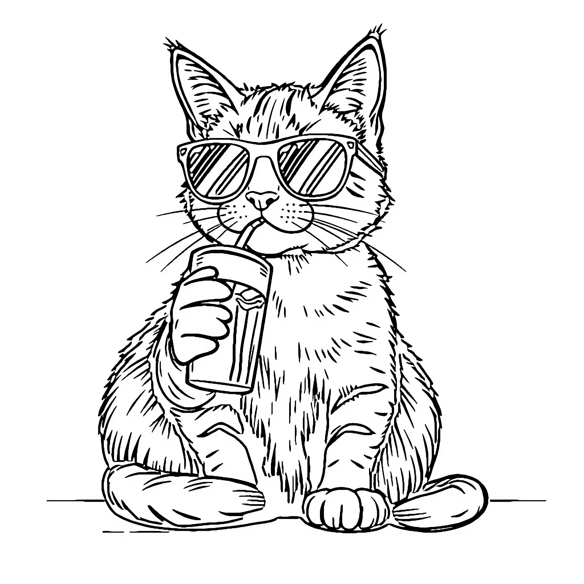 Cat wearing sunglasses and holding a drink Coloring Page (free black-and-white line drawing printable PDF for all, from beginners to advanced learners, including children, teens, adults, and seniors)