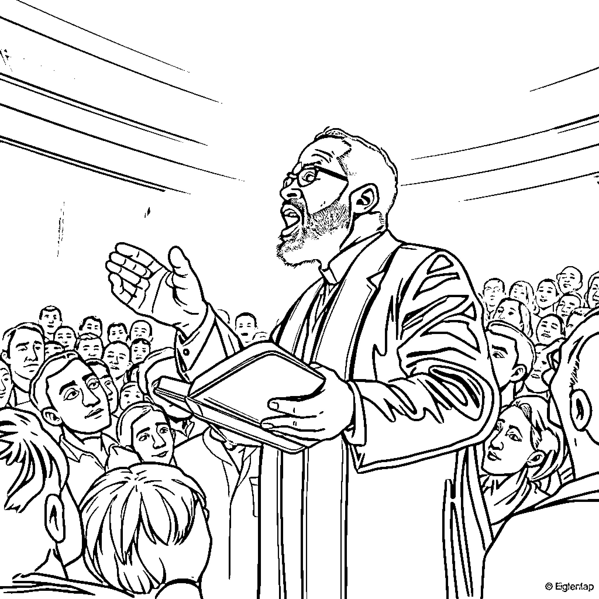 Bishop delivering a sermon to a congregation Coloring Page (free black-and-white line drawing printable PDF for all, from beginners to advanced learners, including children, teens, adults, and seniors)