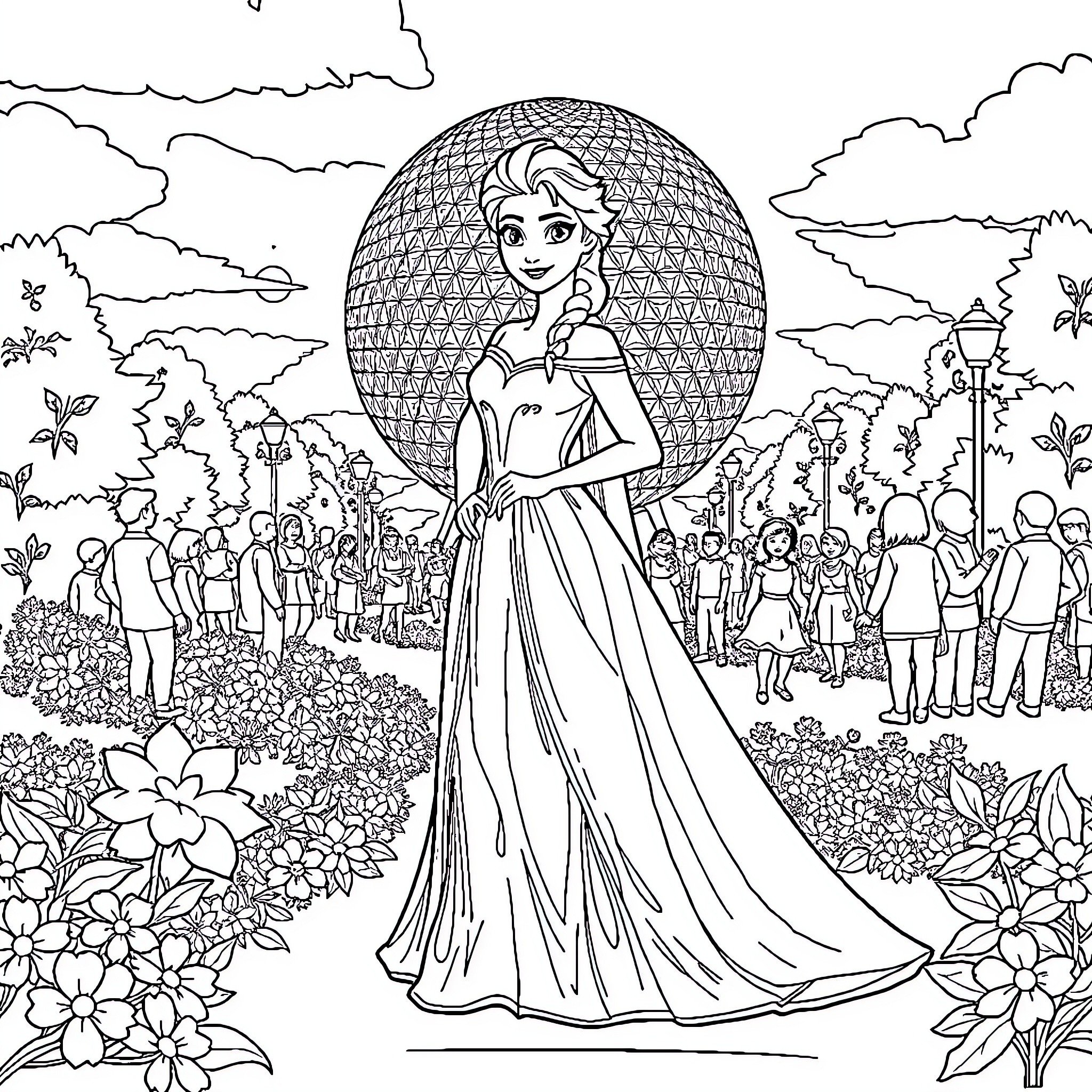 Elsa's Enchanting Spectacle: A Royal Celebration Coloring Page (free black-and-white line drawing printable PDF for all, from beginners to advanced learners, including children, teens, adults, and seniors)