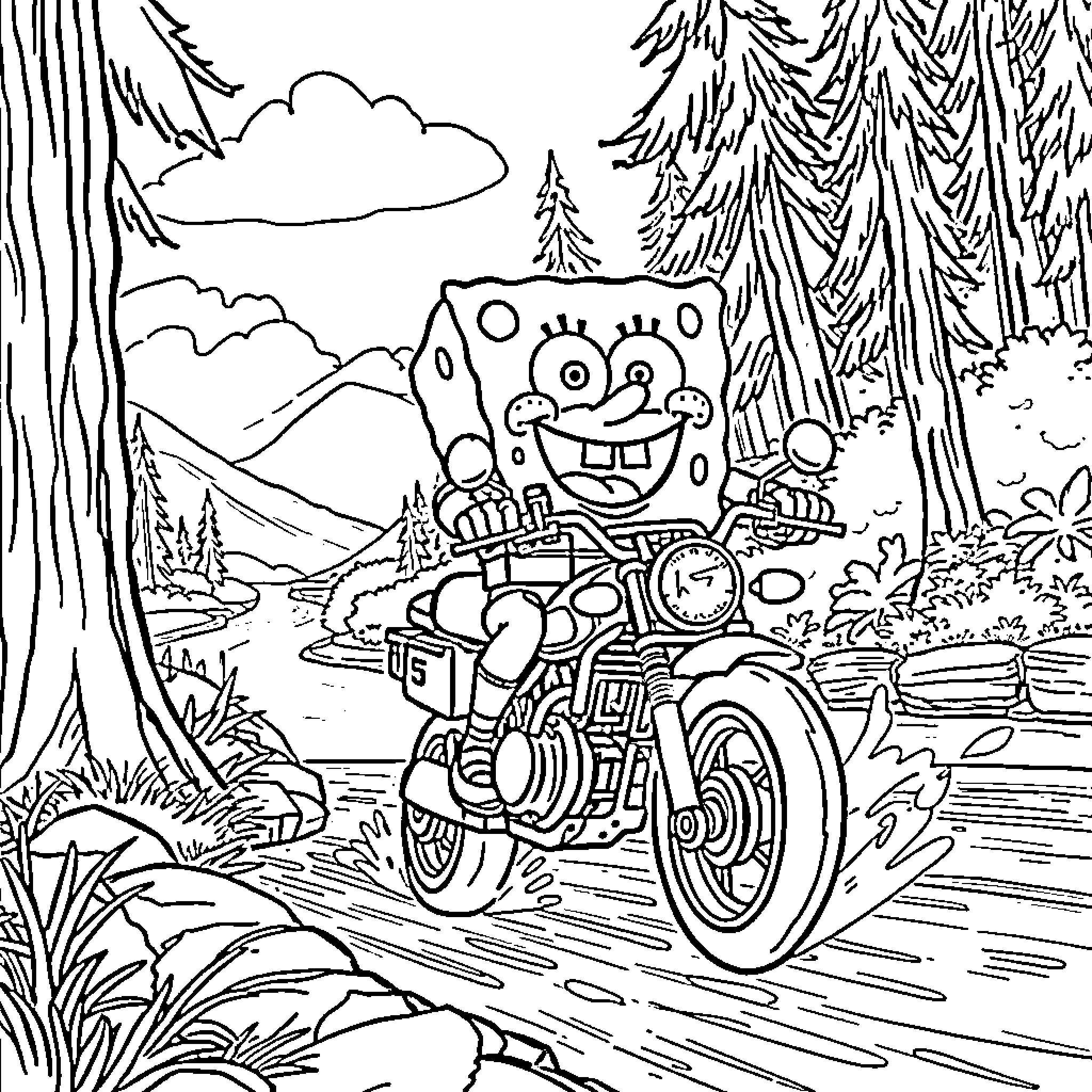 Spongebob's Adventurous Motorcycle Ride through the Woods Coloring Page (free black-and-white line drawing printable PDF for all, from beginners to advanced learners, including children, teens, adults, and seniors)