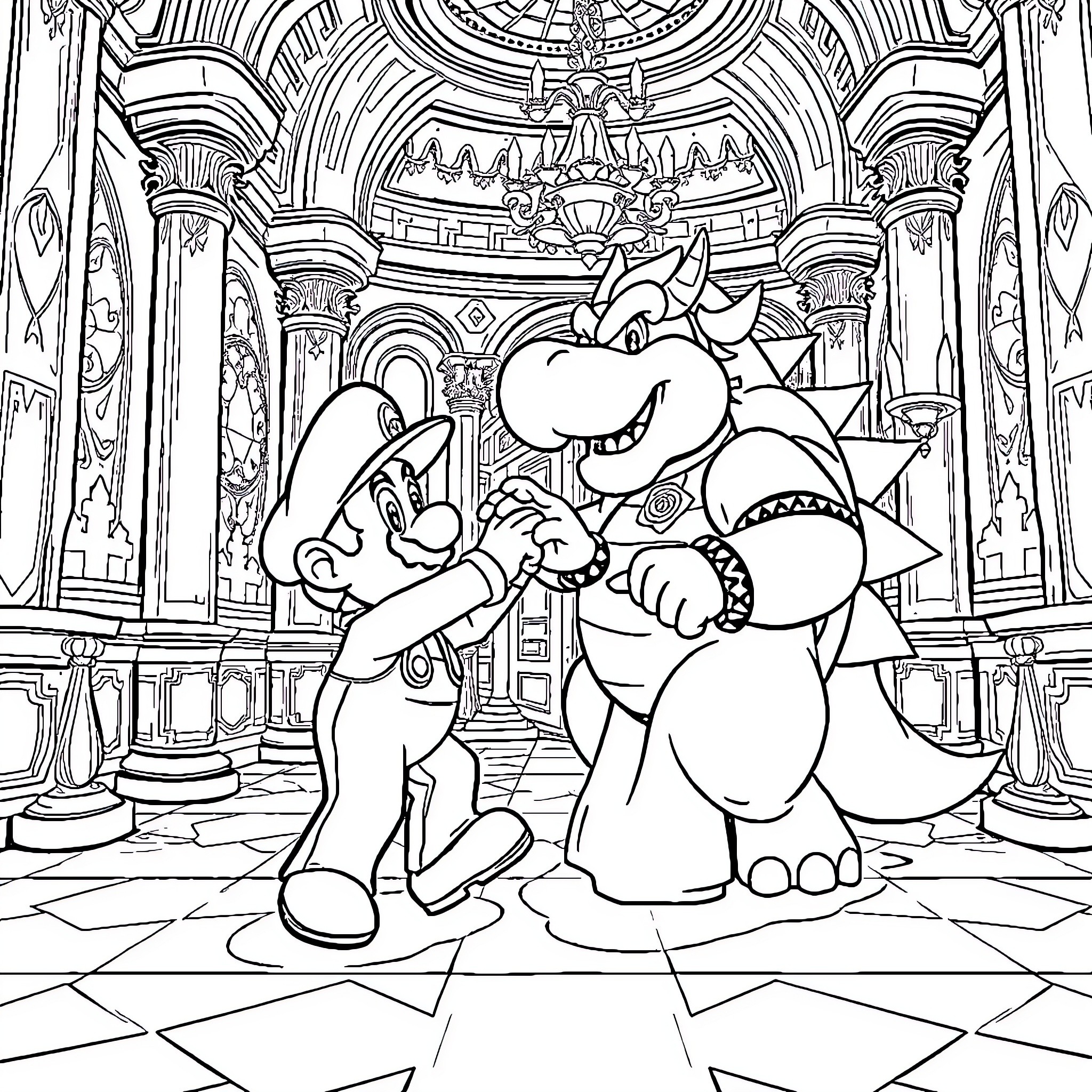 Mario confronting a fearsome foe in a grand castle Coloring Page (free black-and-white line drawing printable PDF for all, from beginners to advanced learners, including children, teens, adults, and seniors)