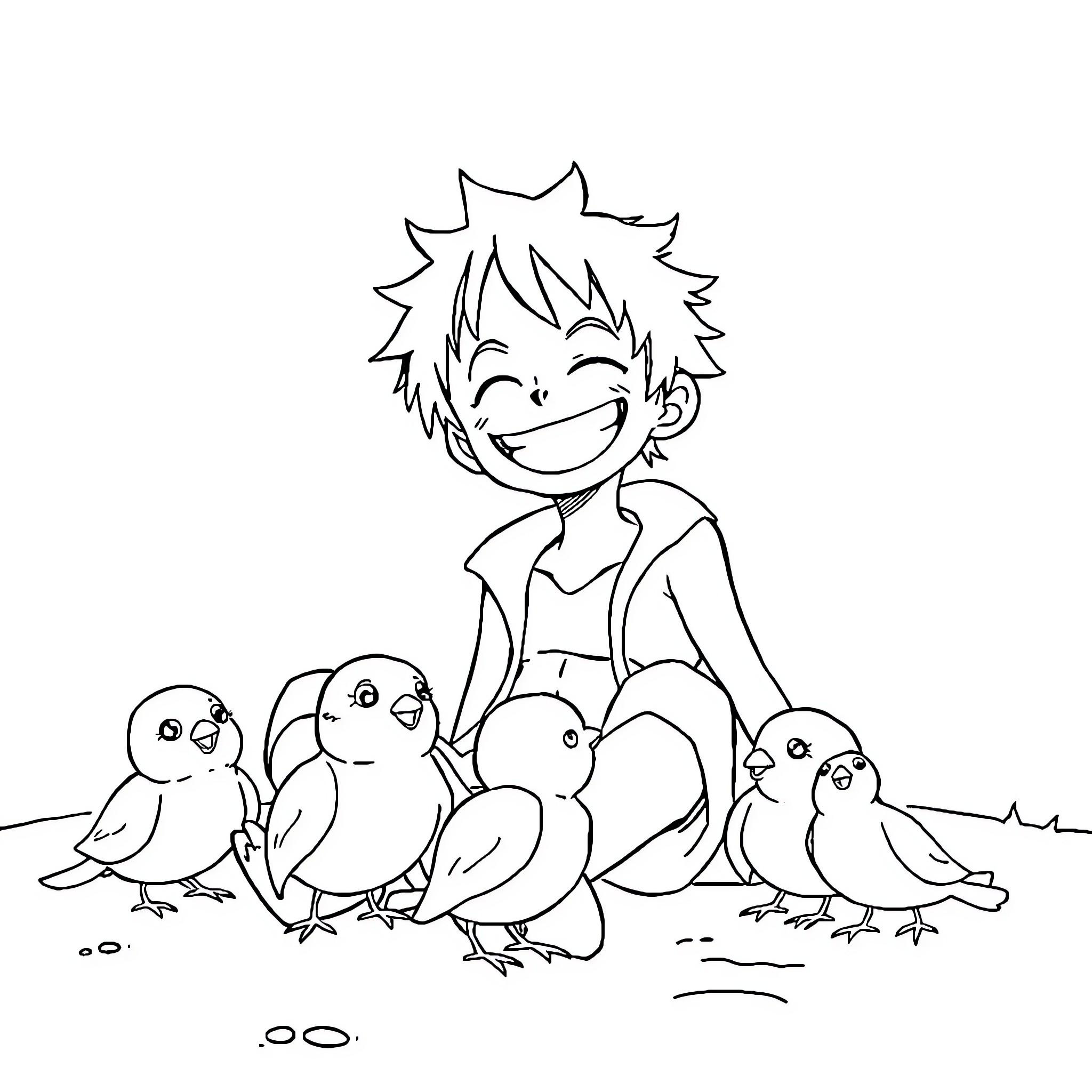 Luffy Enjoying the Company of Adorable Birds Coloring Page (free black-and-white line drawing printable PDF for all, from beginners to advanced learners, including children, teens, adults, and seniors)
