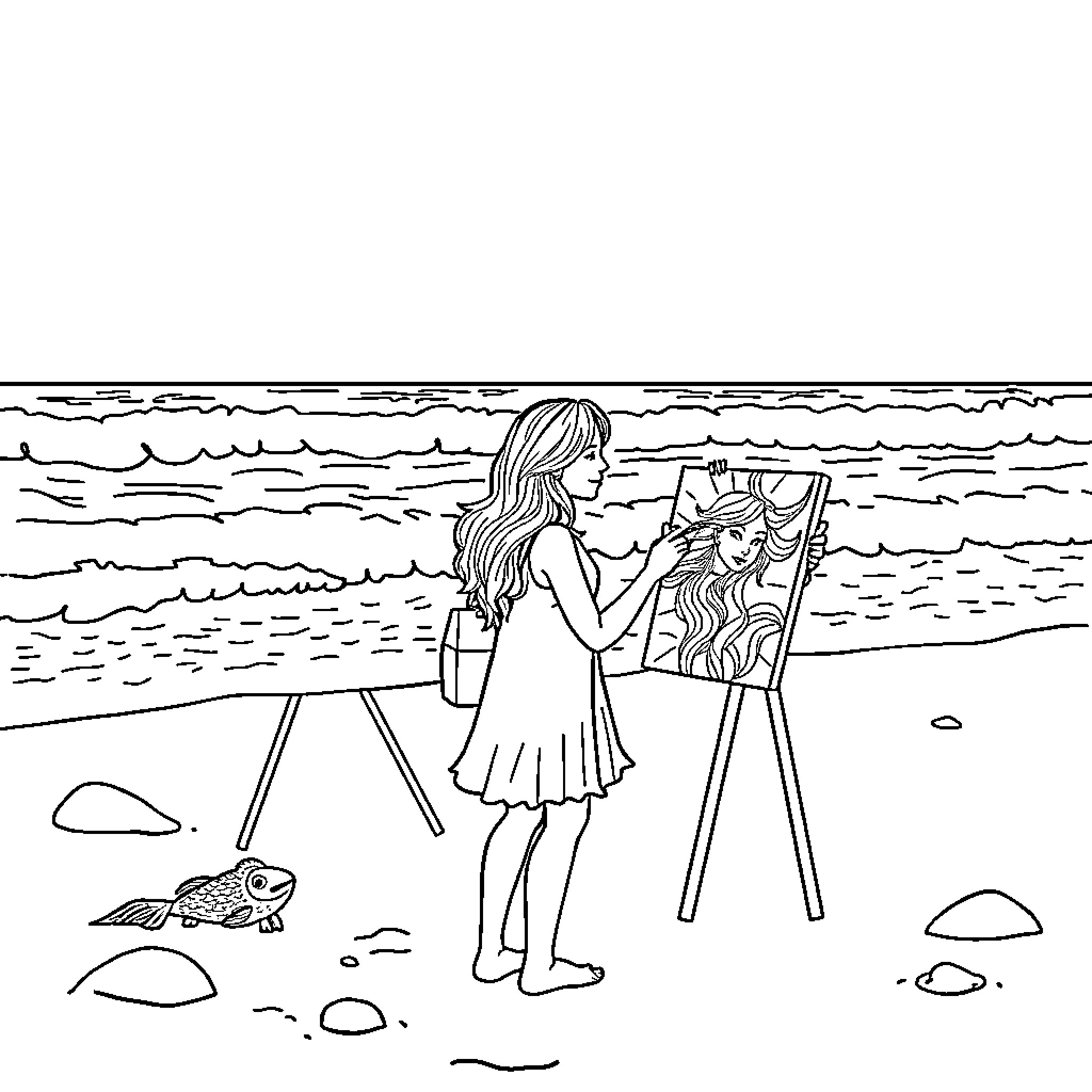 Couple painting together at the beach Coloring Page (free black-and-white line drawing printable PDF for all, from beginners to advanced learners, including children, teens, adults, and seniors)