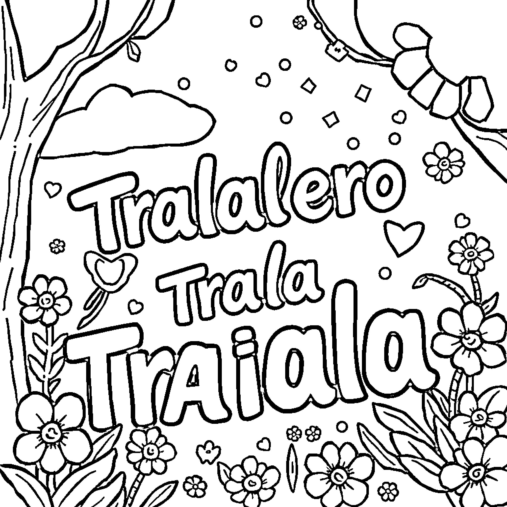 Tralalero Floral Patterns and Whimsical Doodles Coloring Page (free black-and-white line drawing printable PDF for all, from beginners to advanced learners, including children, teens, adults, and seniors)