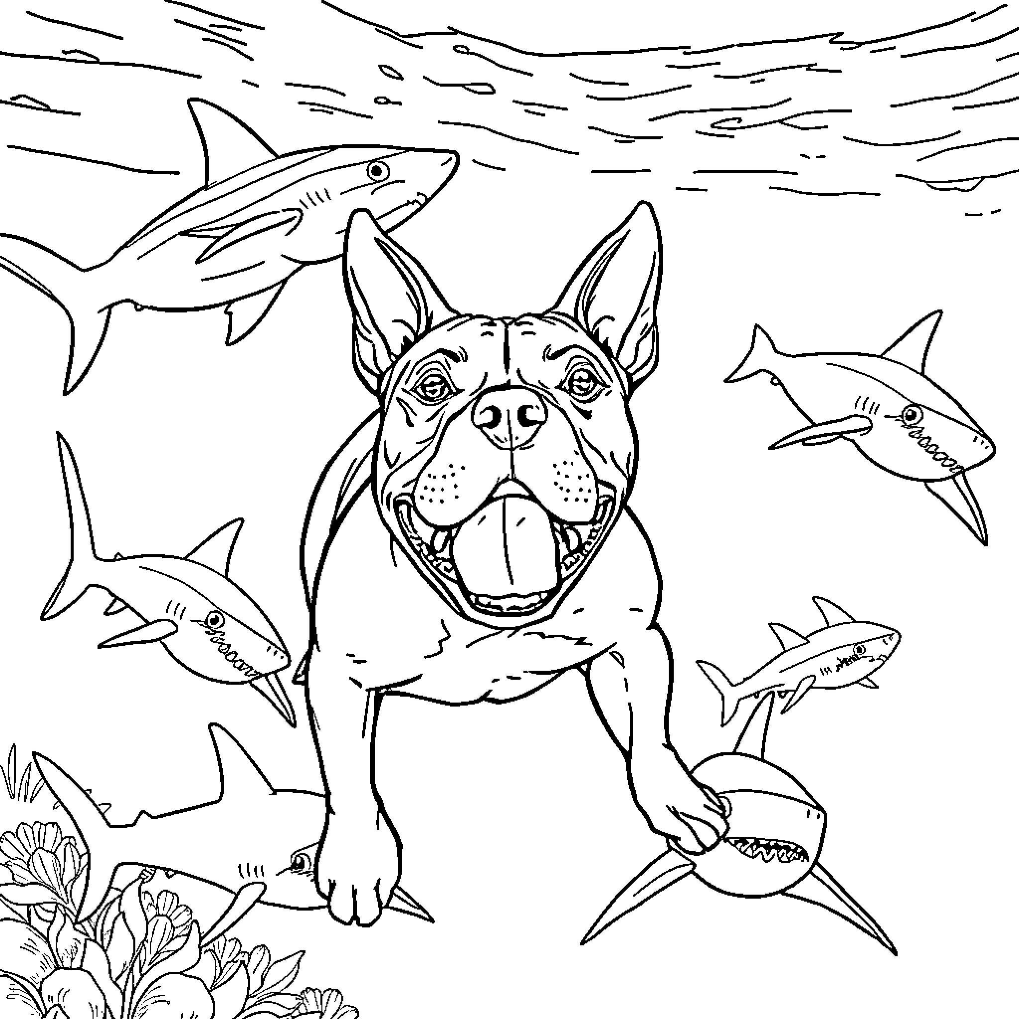 Pitbull playing in the ocean with sharks Coloring Page (free black-and-white line drawing printable PDF for all, from beginners to advanced learners, including children, teens, adults, and seniors)