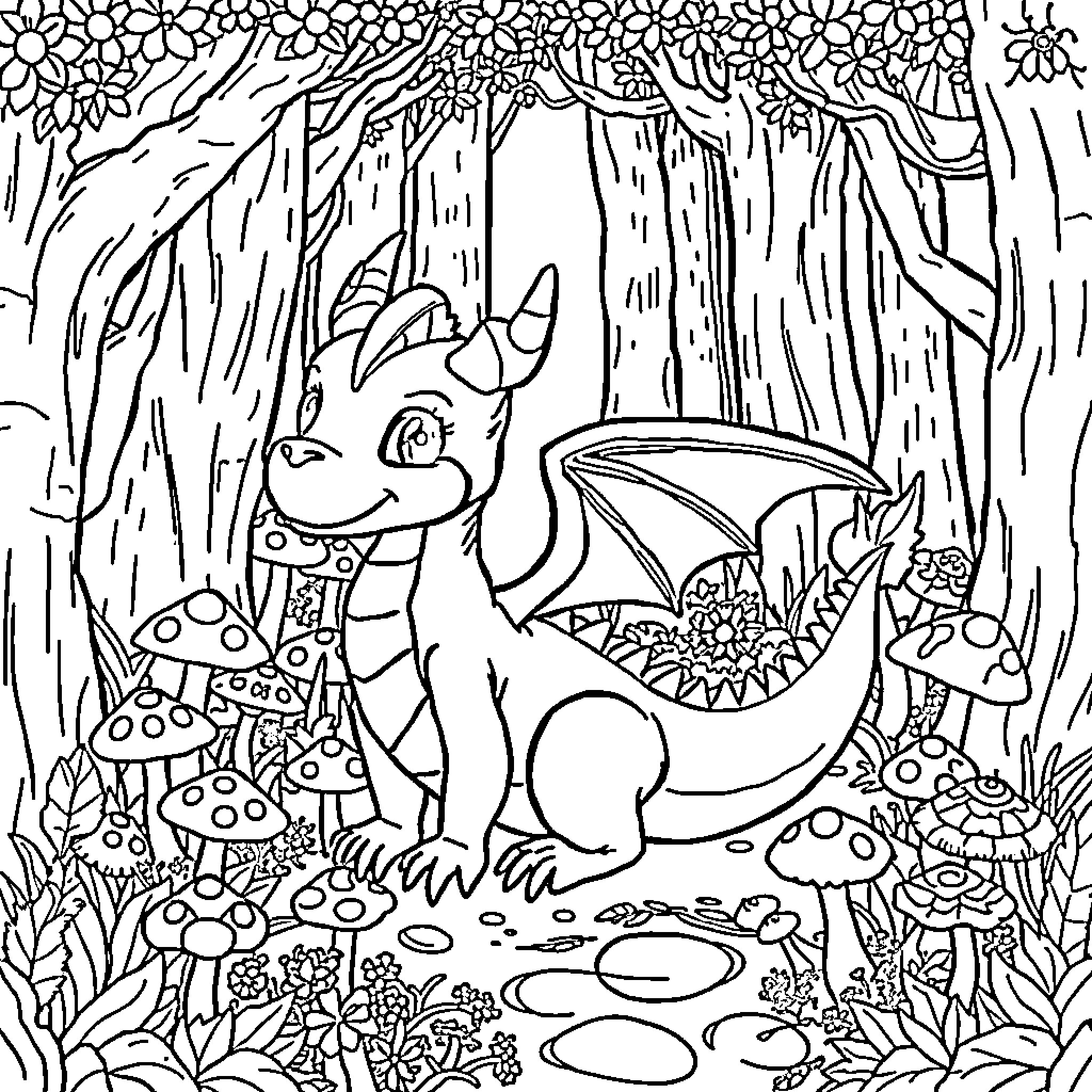 Dragon exploring the enchanted forest Coloring Page (free black-and-white line drawing printable PDF for all, from beginners to advanced learners, including children, teens, adults, and seniors)