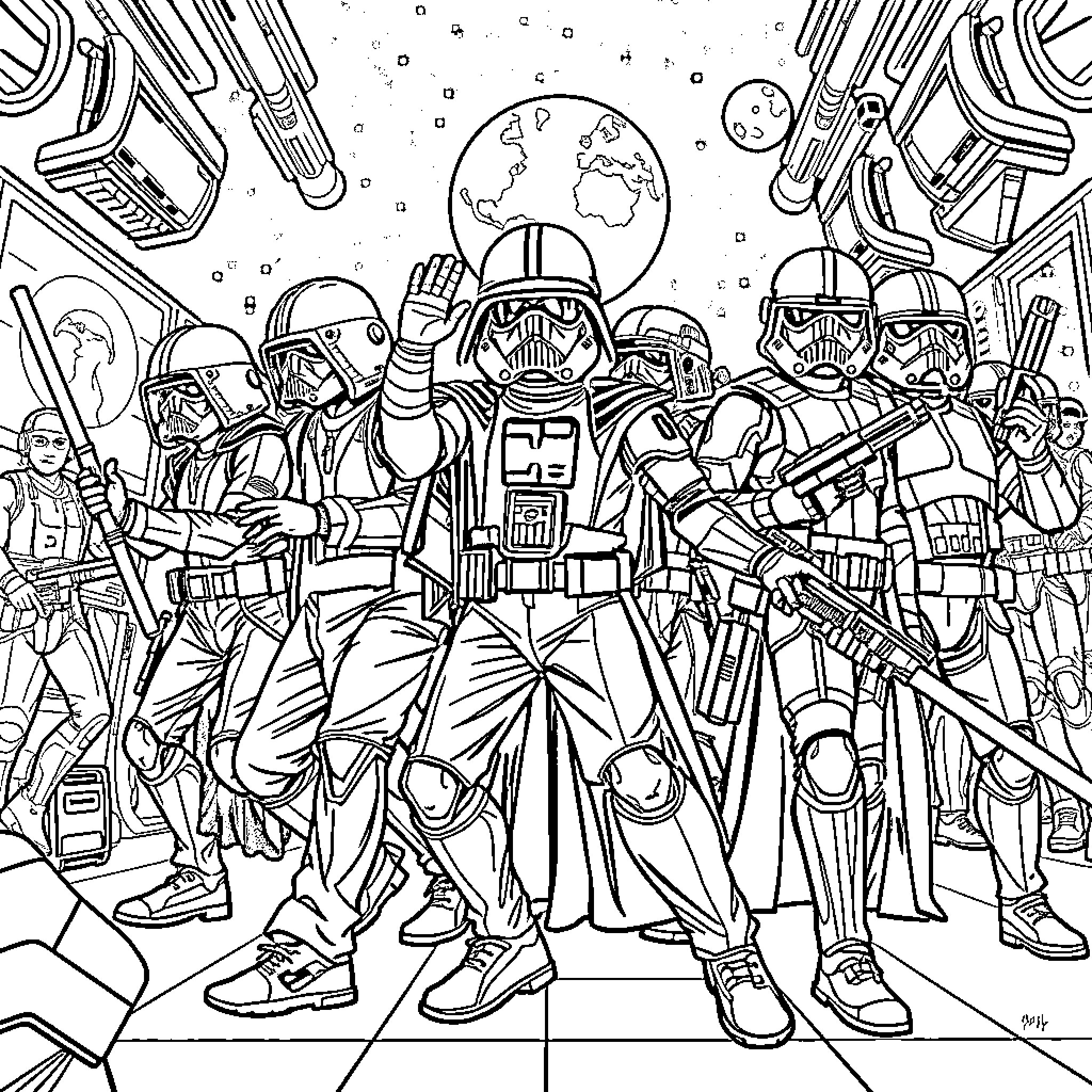 Hip Hop Galactic Storm Troopers in Action Coloring Page (free black-and-white line drawing printable PDF for all, from beginners to advanced learners, including children, teens, adults, and seniors)