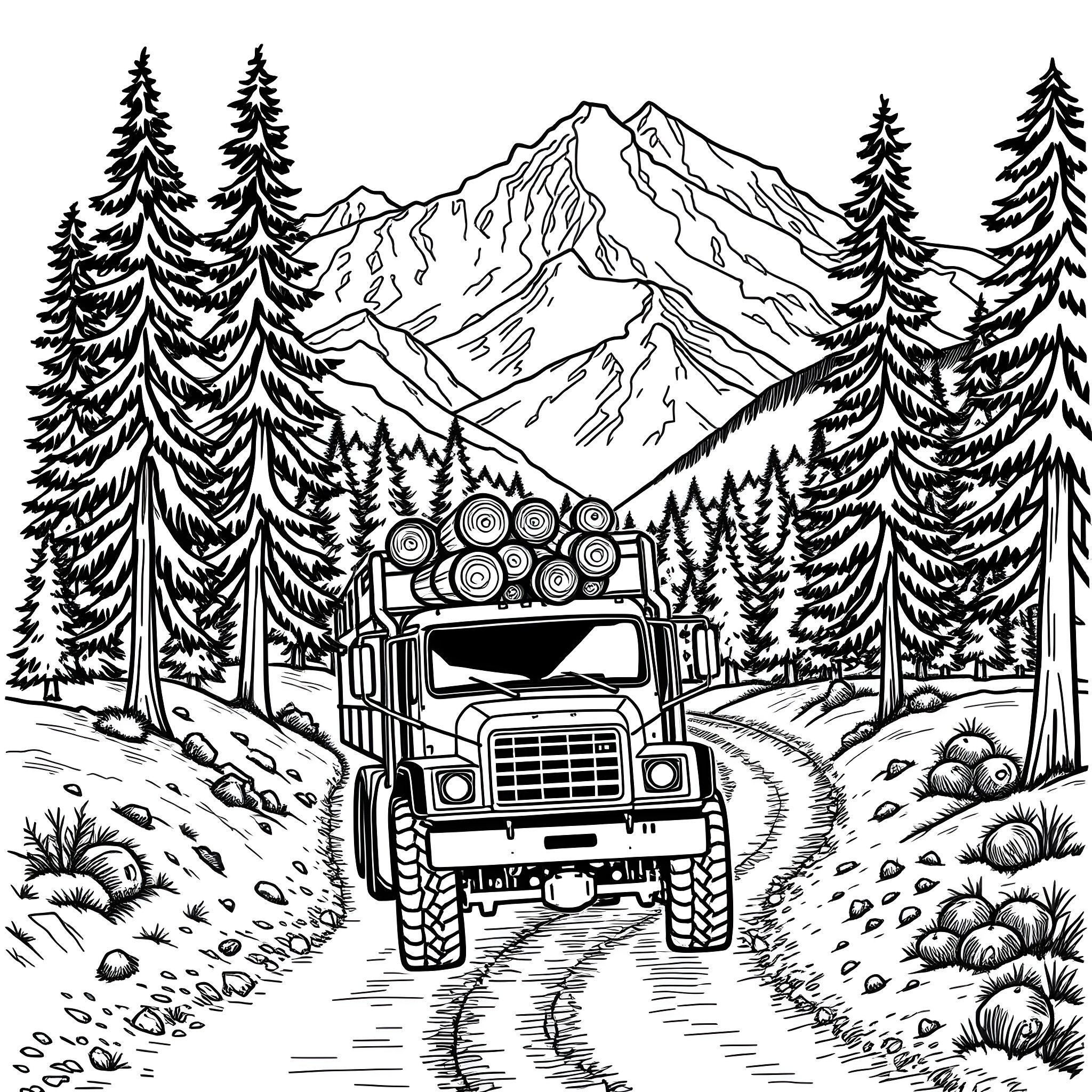 Hauling Supplies Through Rugged Mountain Terrain Coloring Page (free black-and-white line drawing printable PDF for all, from beginners to advanced learners, including children, teens, adults, and seniors)