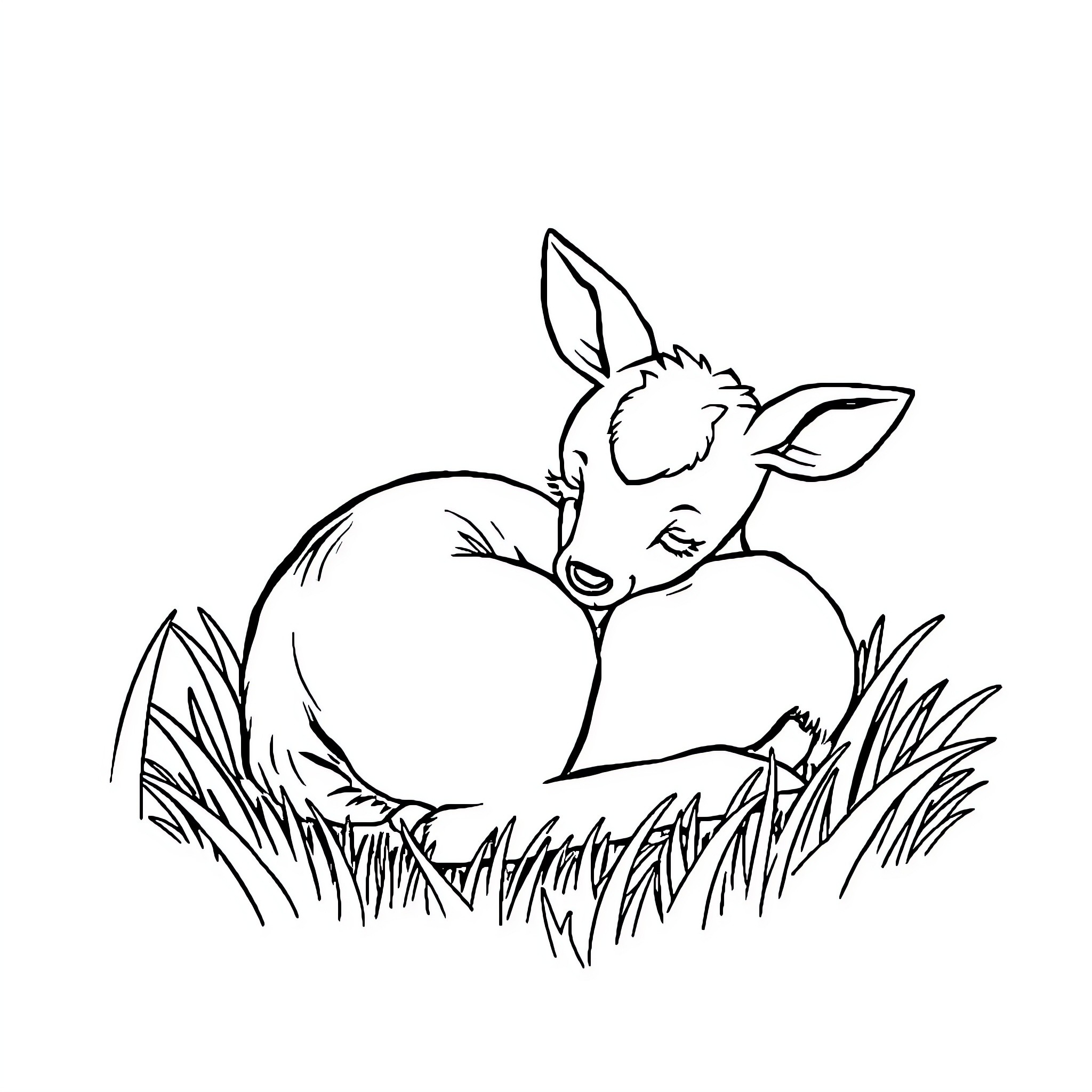 Deer resting peacefully in the grass Coloring Page (free black-and-white line drawing printable PDF for all, from beginners to advanced learners, including children, teens, adults, and seniors)