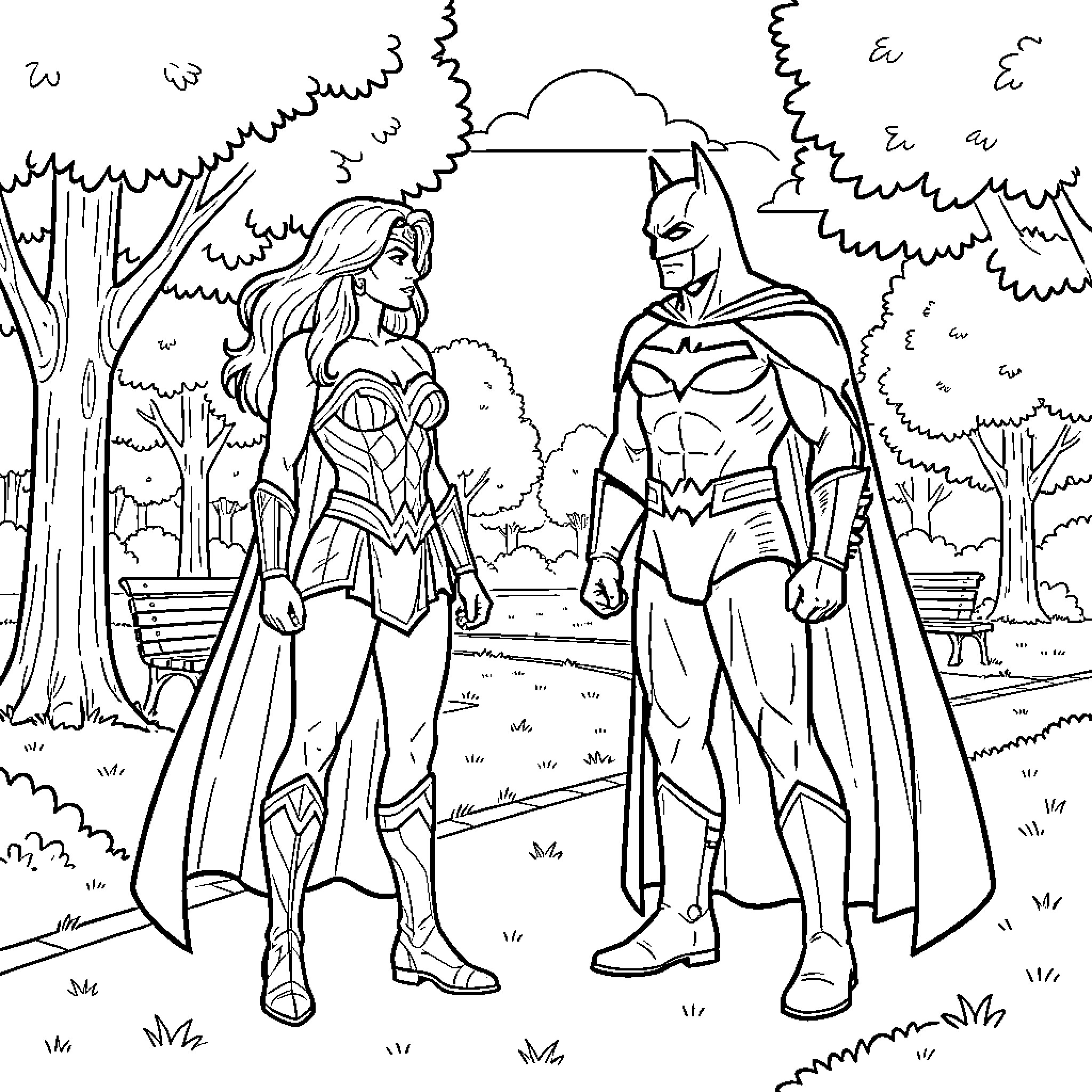 Wonder Woman and Batman heroic duo adventure Coloring Page (free black-and-white line drawing printable PDF for all, from beginners to advanced learners, including children, teens, adults, and seniors)