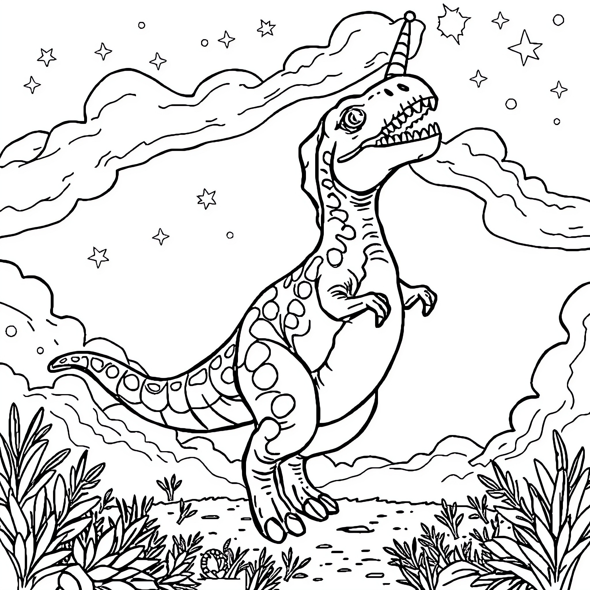 Dinosaur exploring a starry night landscape Coloring Page (free black-and-white line drawing printable PDF for all, from beginners to advanced learners, including children, teens, adults, and seniors)