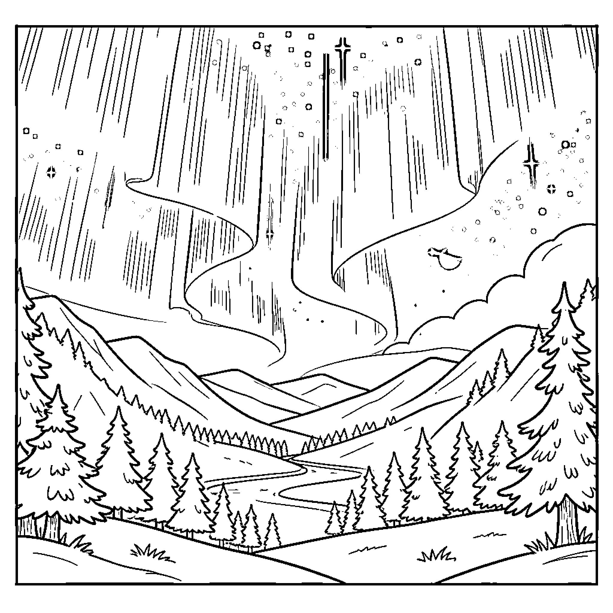 Aurora in a Snowy Wilderness Coloring Page (free black-and-white line drawing printable PDF for all, from beginners to advanced learners, including children, teens, adults, and seniors)