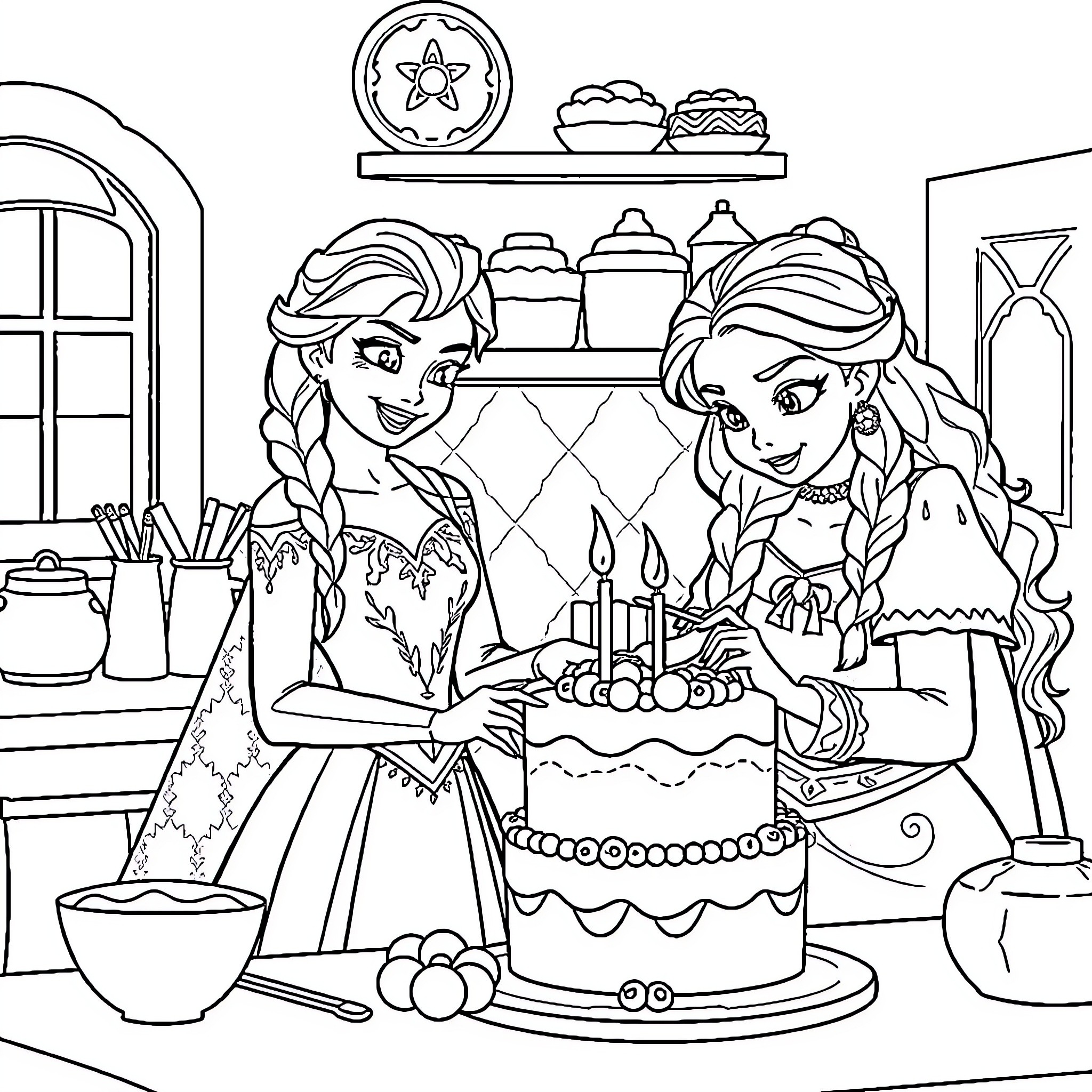 Elsa and Anna baking a birthday cake together Coloring Page (free black-and-white line drawing printable PDF for all, from beginners to advanced learners, including children, teens, adults, and seniors)