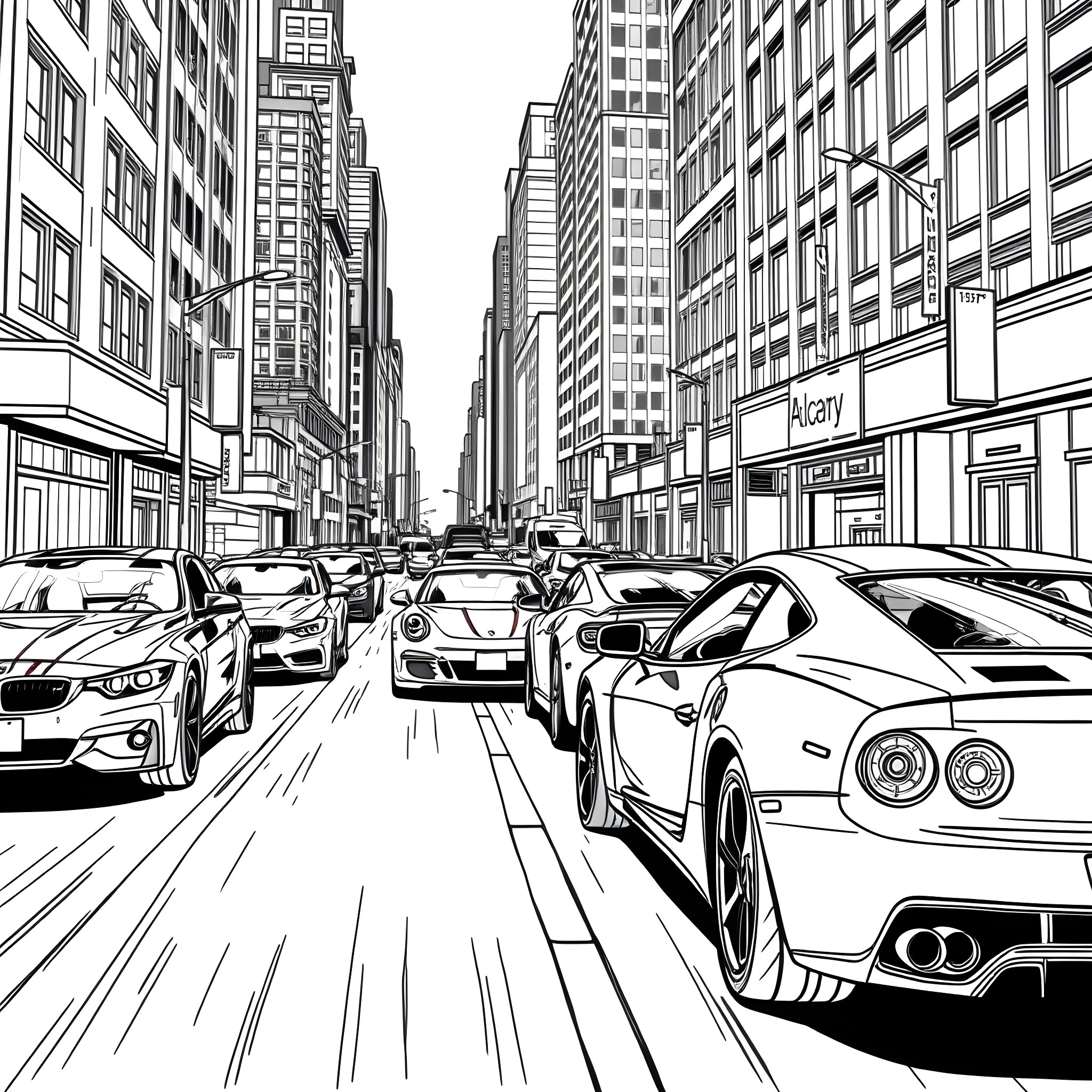 Car Traffic Passing Through Bustling City Street Coloring Page (free black-and-white line drawing printable PDF for all, from beginners to advanced learners, including children, teens, adults, and seniors)