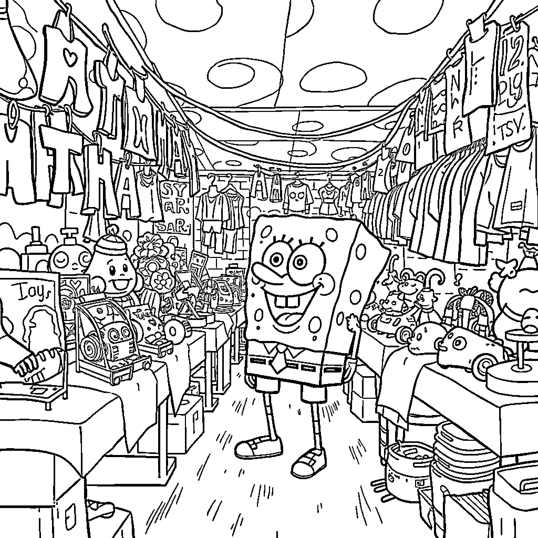 Spongebob's Chaotic Shopping Adventure Coloring Page (free black-and-white line drawing printable PDF for all, from beginners to advanced learners, including children, teens, adults, and seniors)
