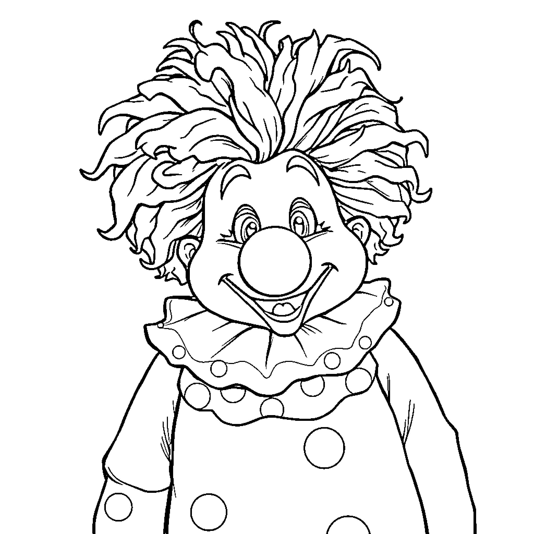 Clown with a cheerful expression and vibrant hair Coloring Page (free black-and-white line drawing printable PDF for all, from beginners to advanced learners, including children, teens, adults, and seniors)