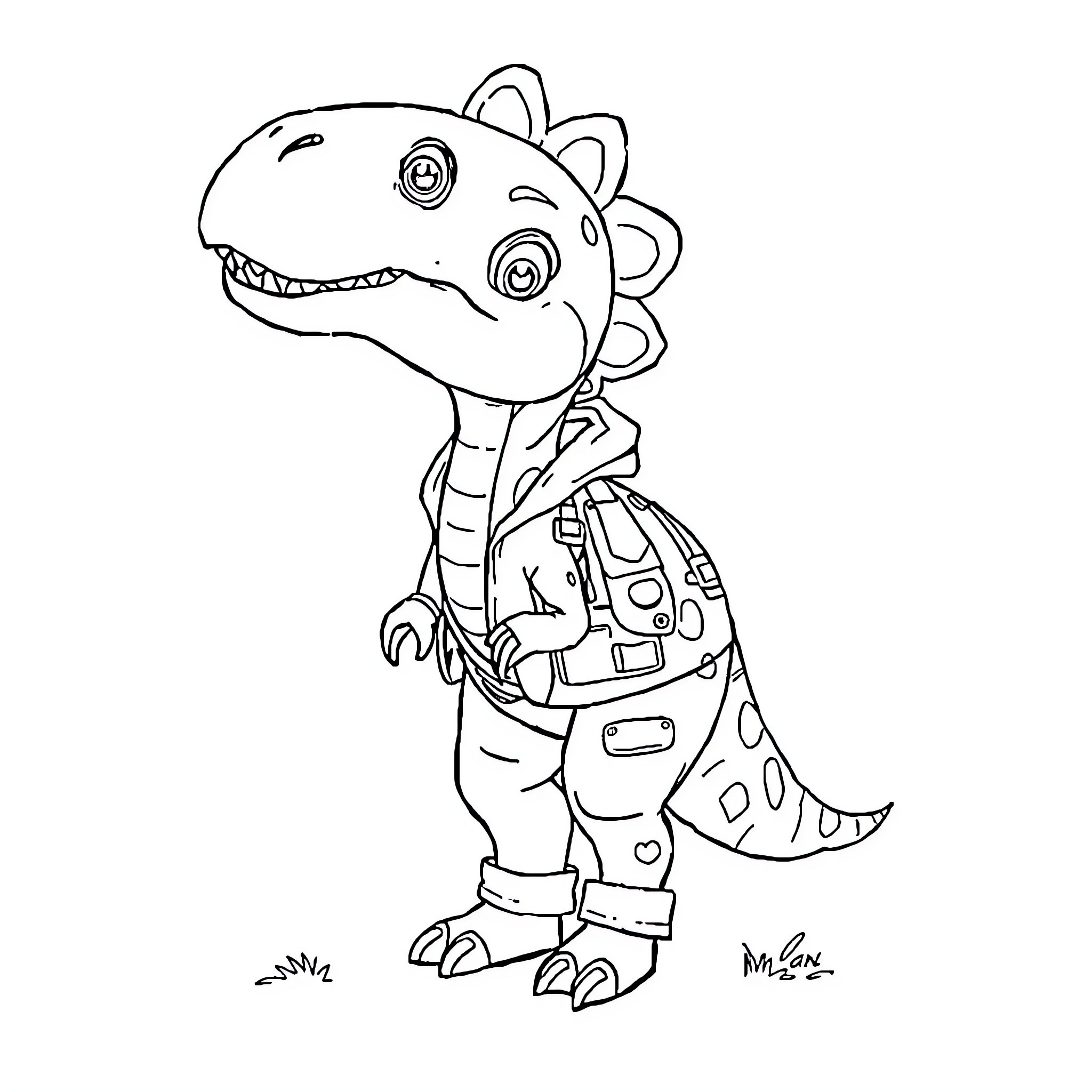 Dino Ranch: Friendly Dinosaur in Overalls Coloring Page (free black-and-white line drawing printable PDF for all, from beginners to advanced learners, including children, teens, adults, and seniors)