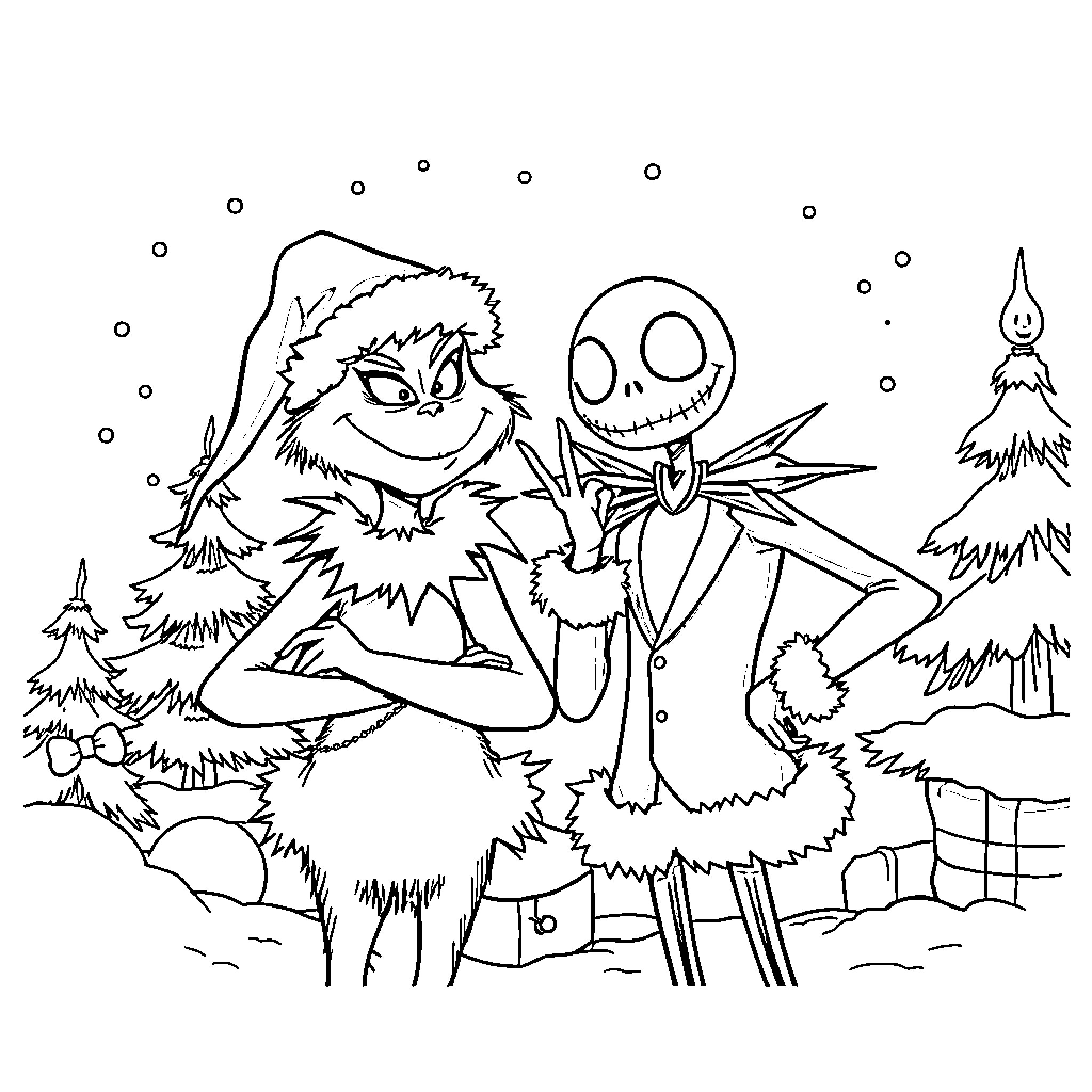 Grinch and Jack Skellington in winter wonderland Coloring Page (free black-and-white line drawing printable PDF for all, from beginners to advanced learners, including children, teens, adults, and seniors)