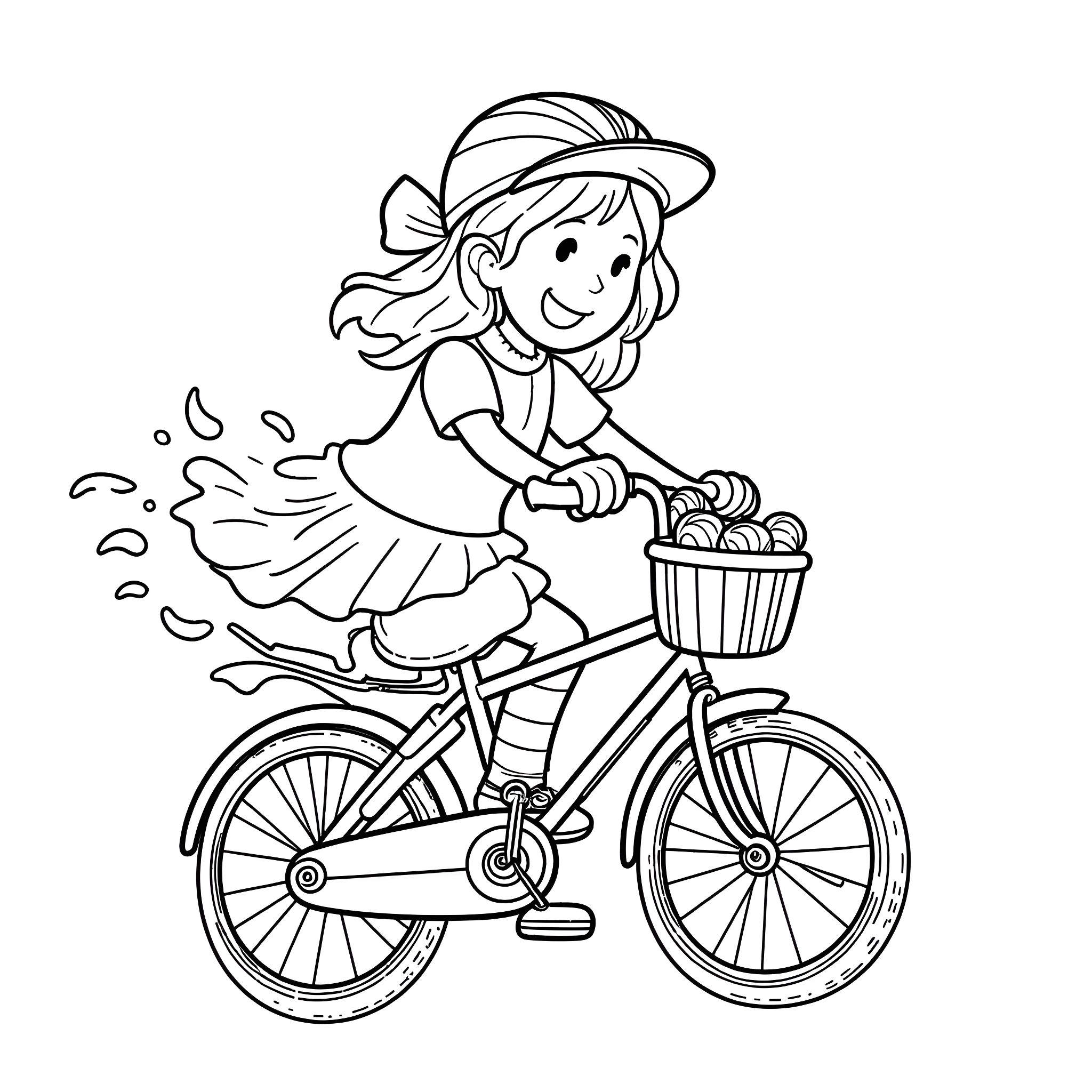 Girl riding bicycle with basket of apples Coloring Page (free black-and-white line drawing printable PDF for all, from beginners to advanced learners, including children, teens, adults, and seniors)