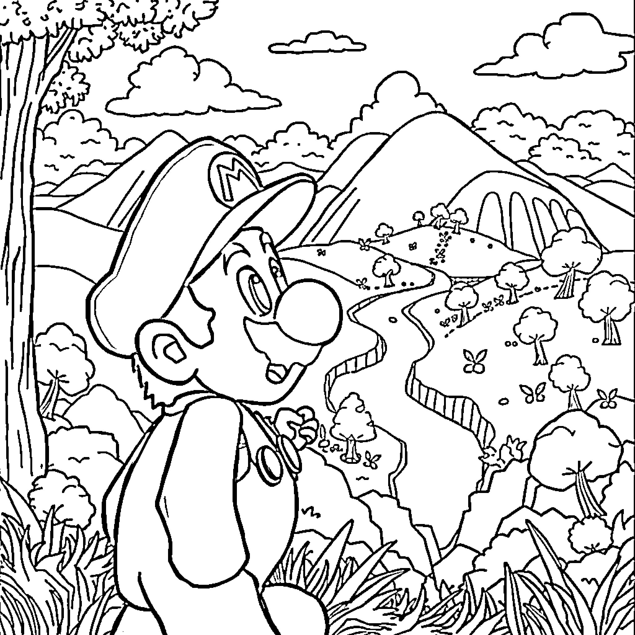Mario Exploring the Lush Landscape Coloring Page (free black-and-white line drawing printable PDF for all, from beginners to advanced learners, including children, teens, adults, and seniors)