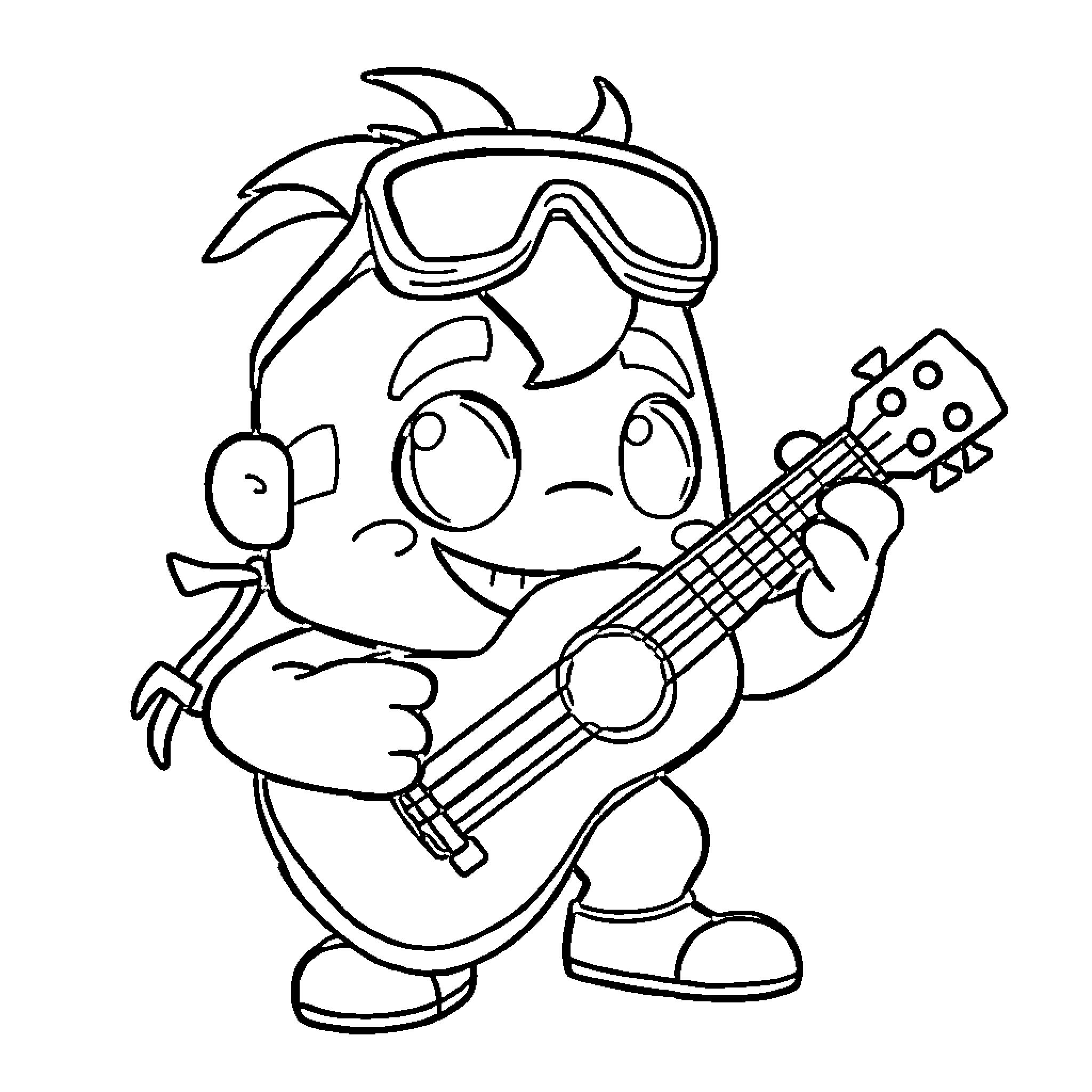 Paco happily playing a musical guitar Coloring Page (free black-and-white line drawing printable PDF for all, from beginners to advanced learners, including children, teens, adults, and seniors)