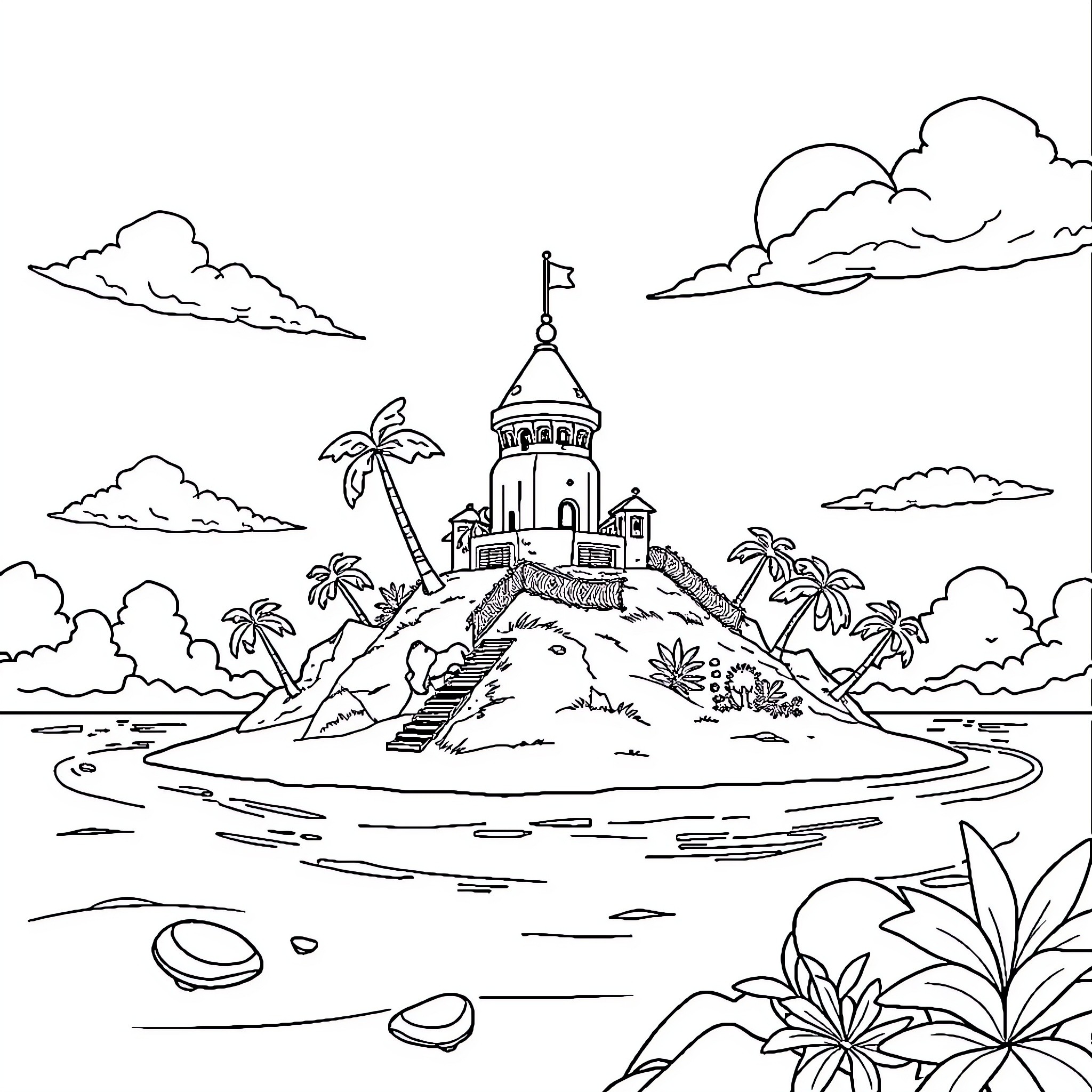 Pokémon island with lighthouse and tropical scenery Coloring Page (free black-and-white line drawing printable PDF for all, from beginners to advanced learners, including children, teens, adults, and seniors)