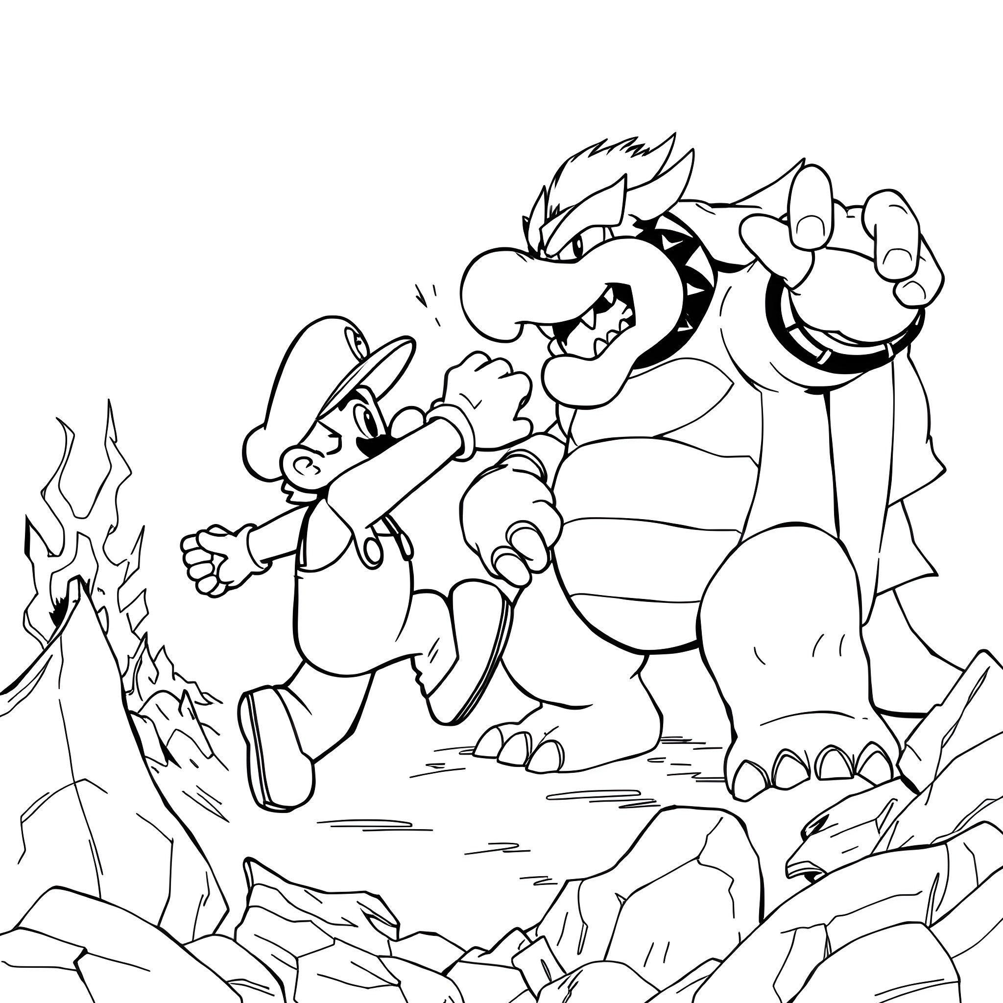 Mario battling against a large enemy Coloring Page (free black-and-white line drawing printable PDF for all, from beginners to advanced learners, including children, teens, adults, and seniors)