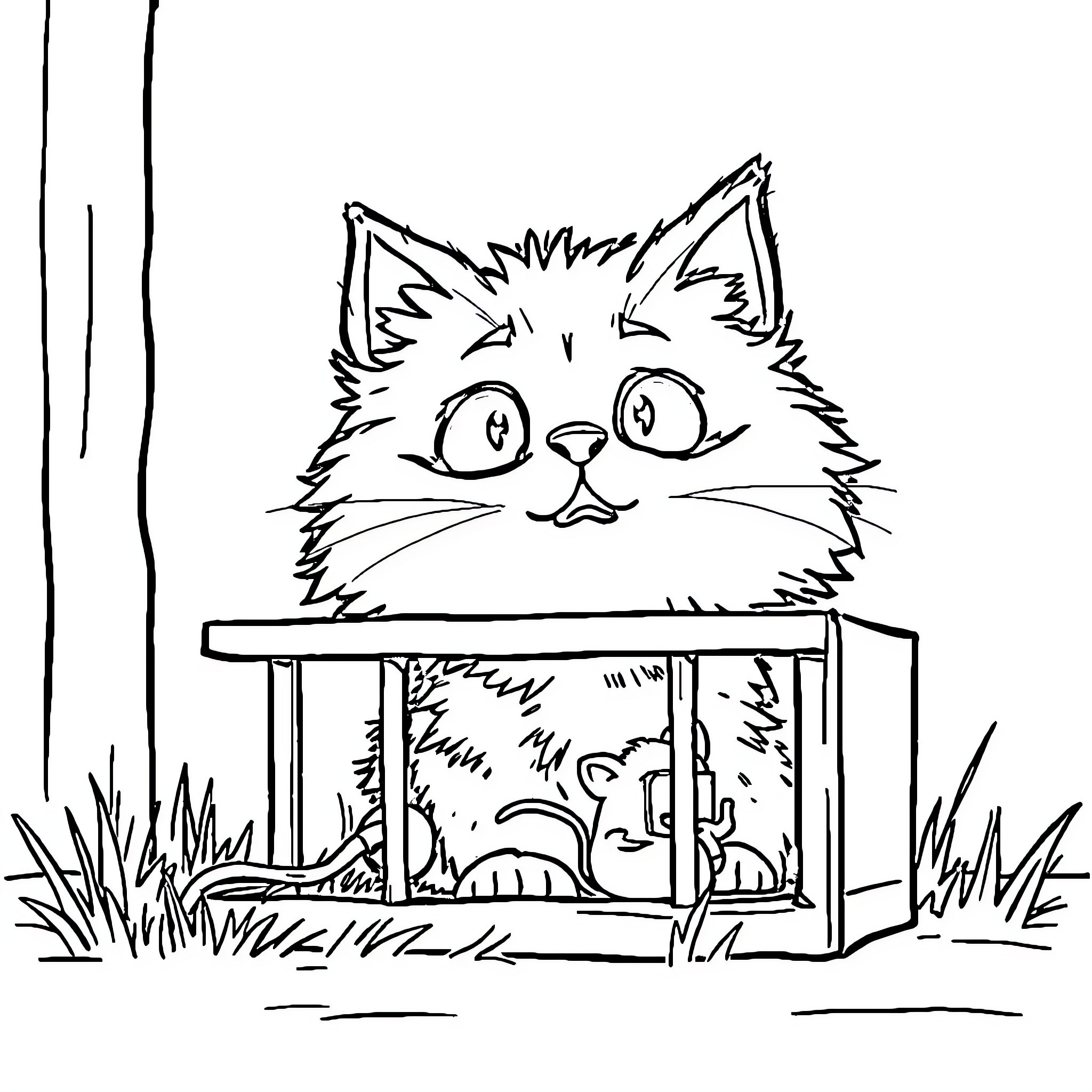 Cat peering curiously from a wooden box Coloring Page (free black-and-white line drawing printable PDF for all, from beginners to advanced learners, including children, teens, adults, and seniors)