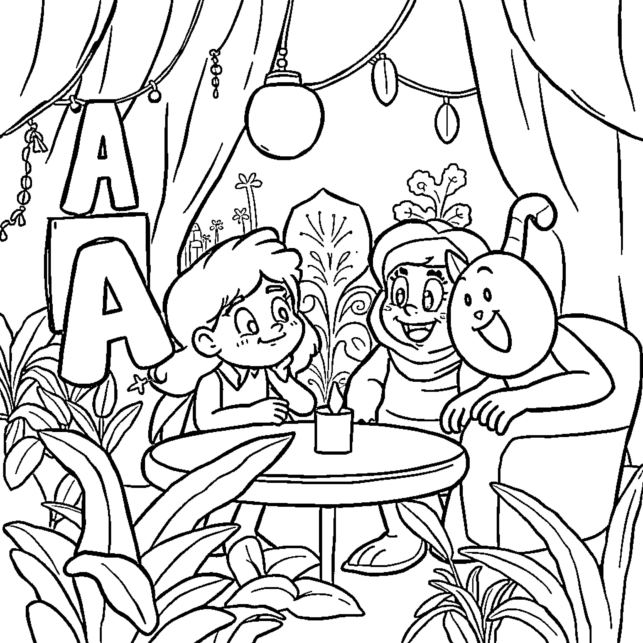 A Festive Gathering in a Fantasy Garden Coloring Page (free black-and-white line drawing printable PDF for all, from beginners to advanced learners, including children, teens, adults, and seniors)