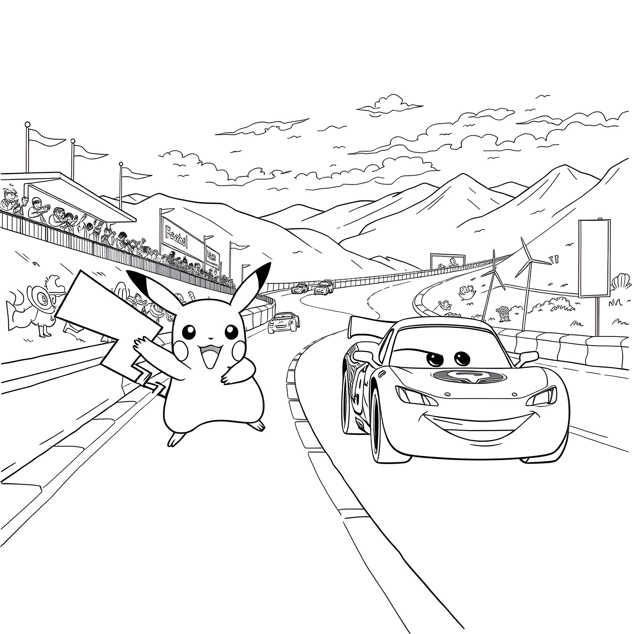 Pikachu races against Lightning McQueen on a winding road Coloring Page (free black-and-white line drawing printable PDF for all, from beginners to advanced learners, including children, teens, adults, and seniors)