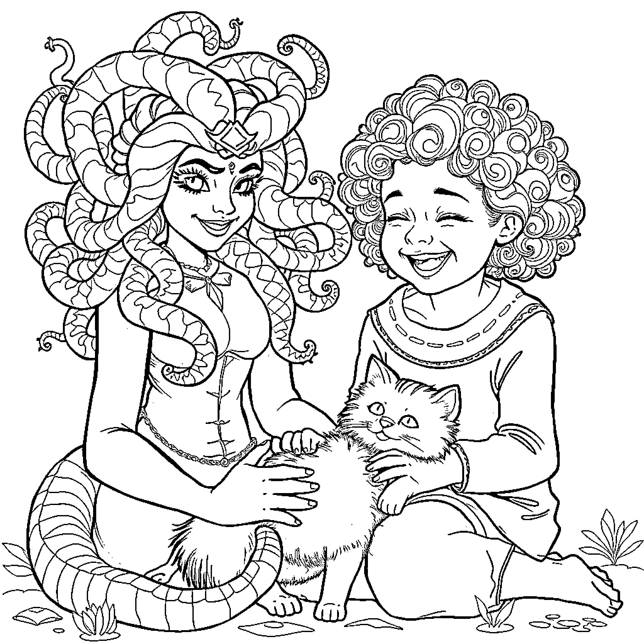 Medusa and her Feline Friend Coloring Page (free black-and-white line drawing printable PDF for all, from beginners to advanced learners, including children, teens, adults, and seniors)