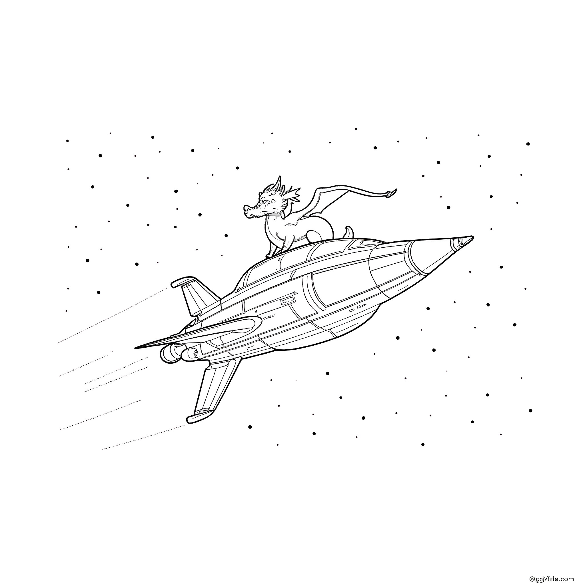 Spaceship flying with dragon passenger Coloring Page (free black-and-white line drawing printable PDF for all, from beginners to advanced learners, including children, teens, adults, and seniors)
