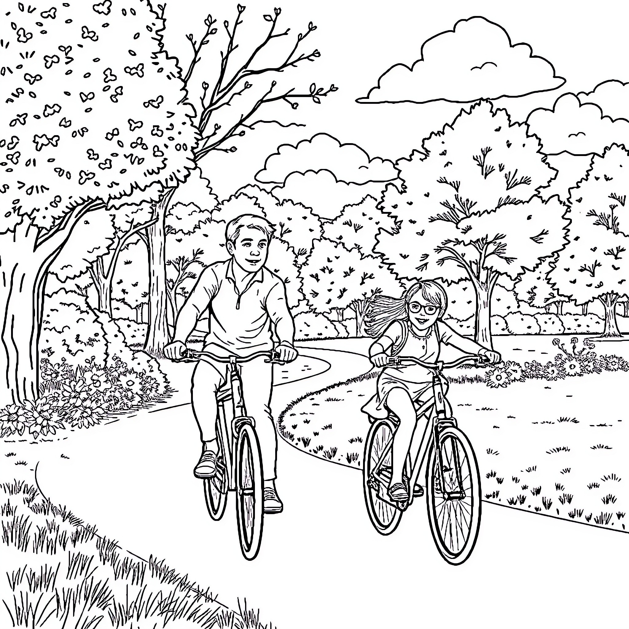 Father Daughter Enjoying Bicycle Ride in Nature Coloring Page (free black-and-white line drawing printable PDF for all, from beginners to advanced learners, including children, teens, adults, and seniors)