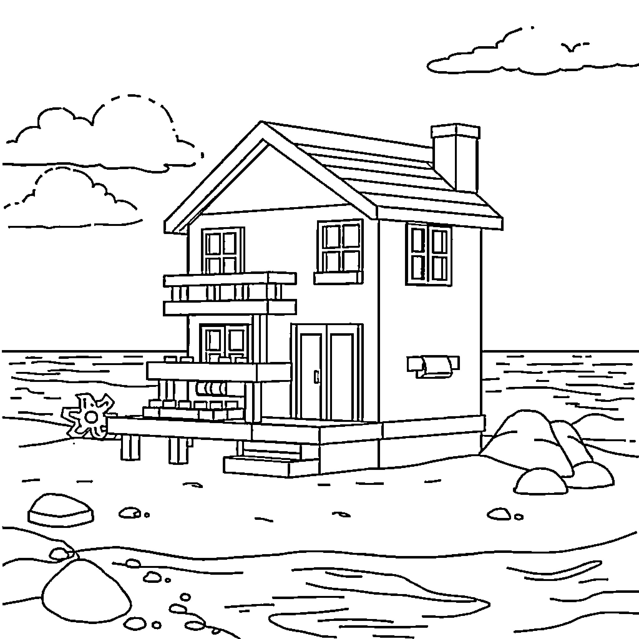 Lego house by the lake with outdoor furniture Coloring Page (free black-and-white line drawing printable PDF for all, from beginners to advanced learners, including children, teens, adults, and seniors)