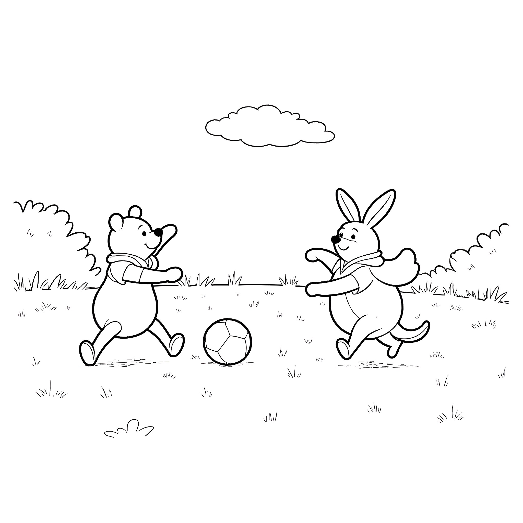 Winnie The Pooh and Rabbit playing in the park Coloring Page (free black-and-white line drawing printable PDF for all, from beginners to advanced learners, including children, teens, adults, and seniors)