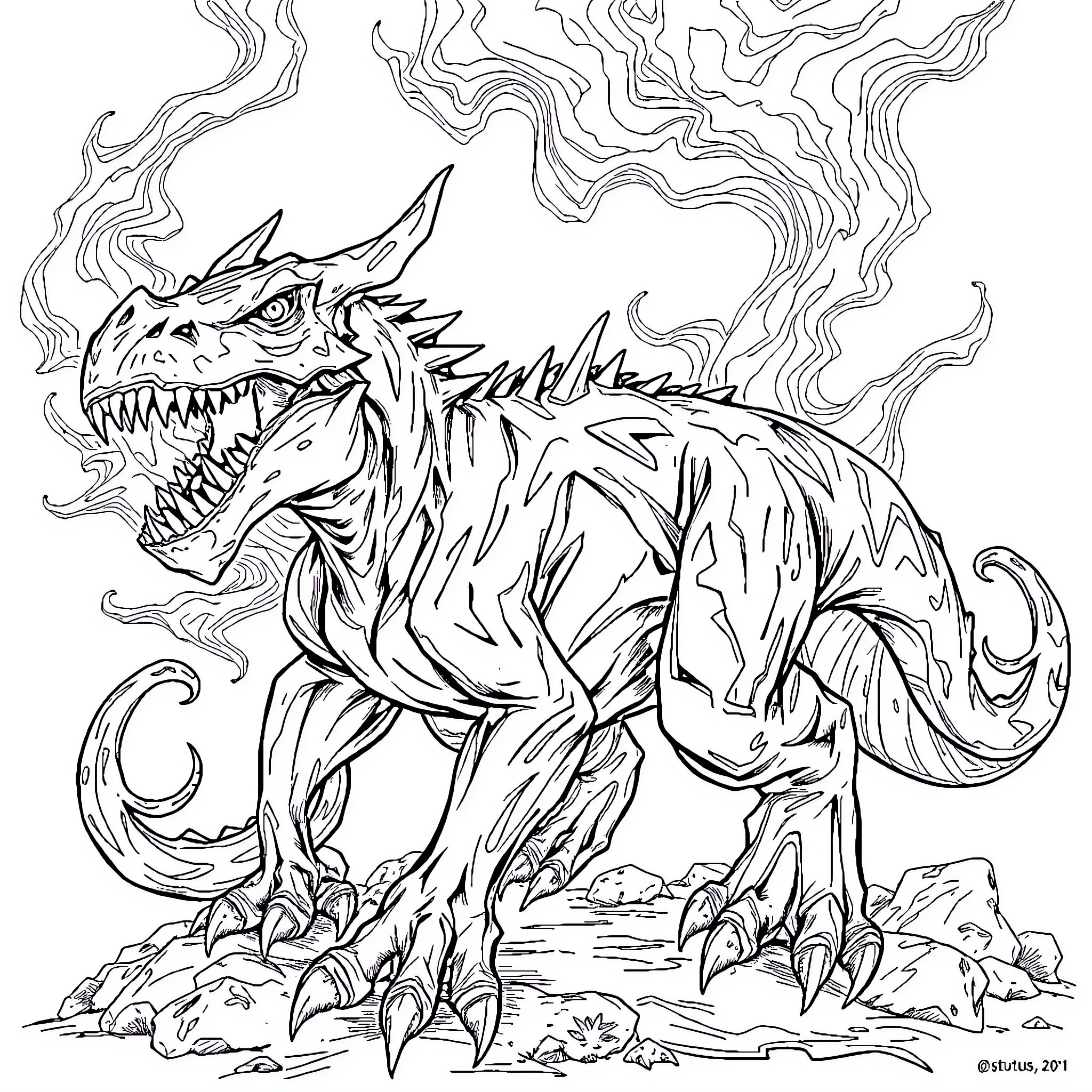 Distortus Rex: Monstrous Creature in Smoke-like Swirl Coloring Page (free black-and-white line drawing printable PDF for all, from beginners to advanced learners, including children, teens, adults, and seniors)