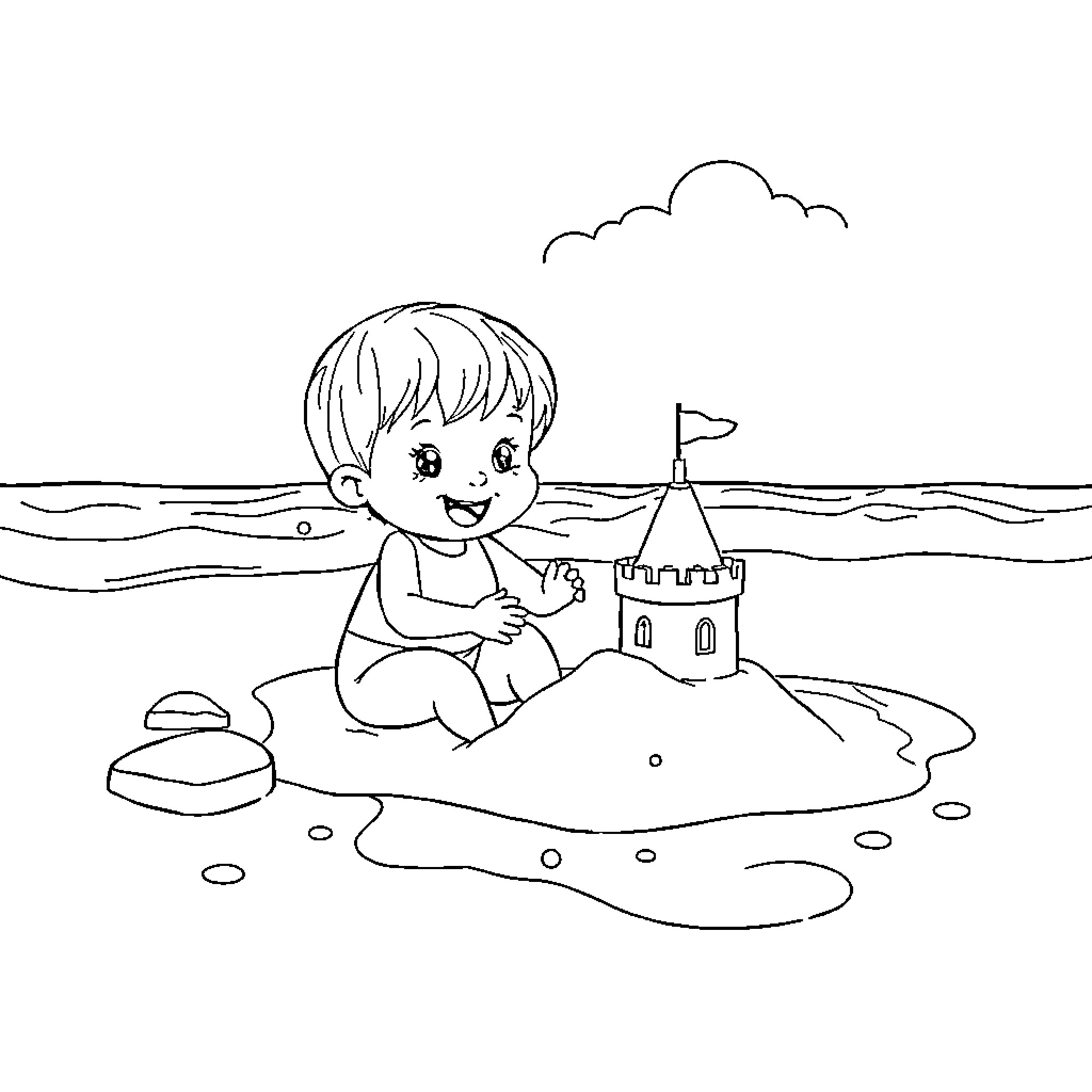 Babblarna playing happily at the beach Coloring Page (free black-and-white line drawing printable PDF for all, from beginners to advanced learners, including children, teens, adults, and seniors)