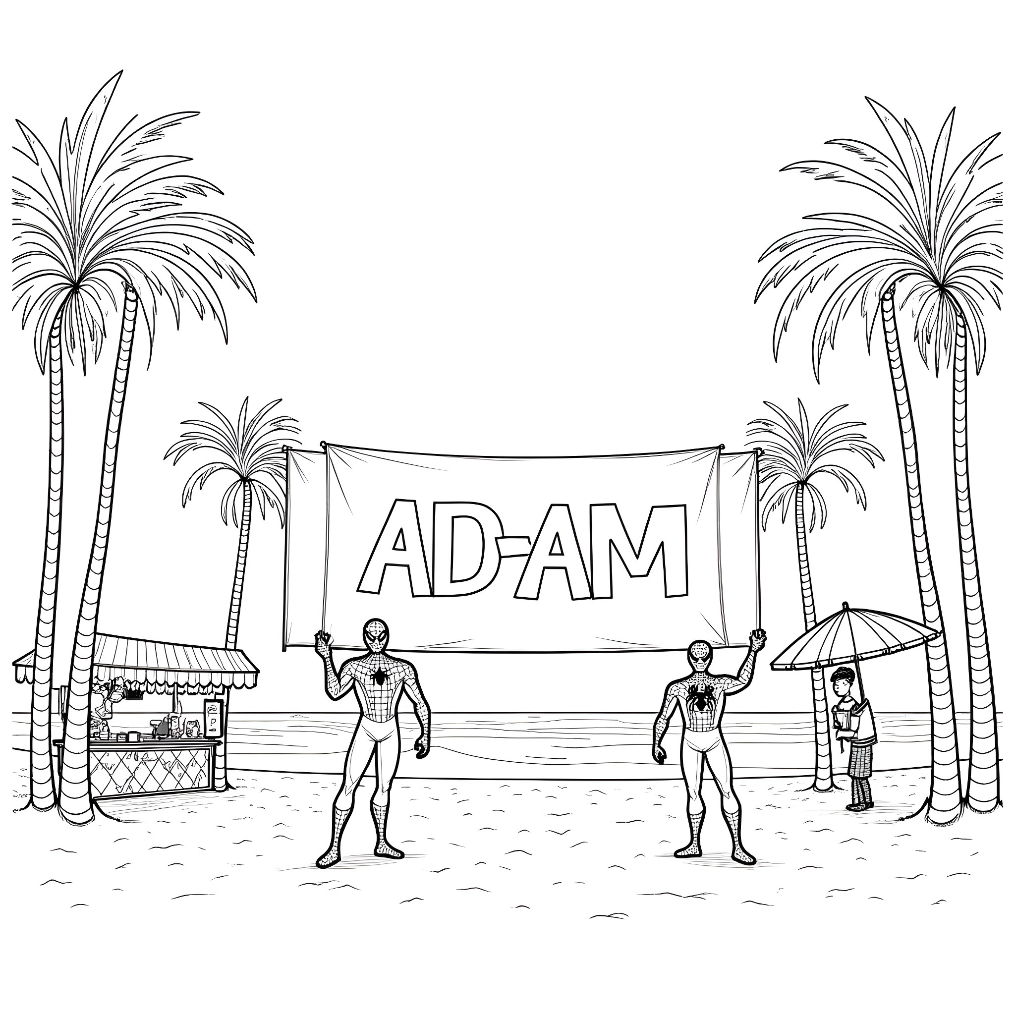 Spiderman at the Beach with AD-AM banner Coloring Page (free black-and-white line drawing printable PDF for all, from beginners to advanced learners, including children, teens, adults, and seniors)