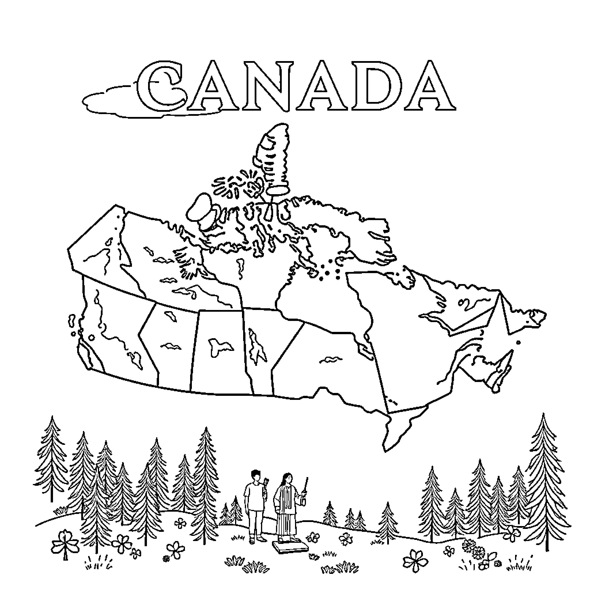 Canada's Outline and Scenic Nature Illustration Coloring Page (free black-and-white line drawing printable PDF for all, from beginners to advanced learners, including children, teens, adults, and seniors)