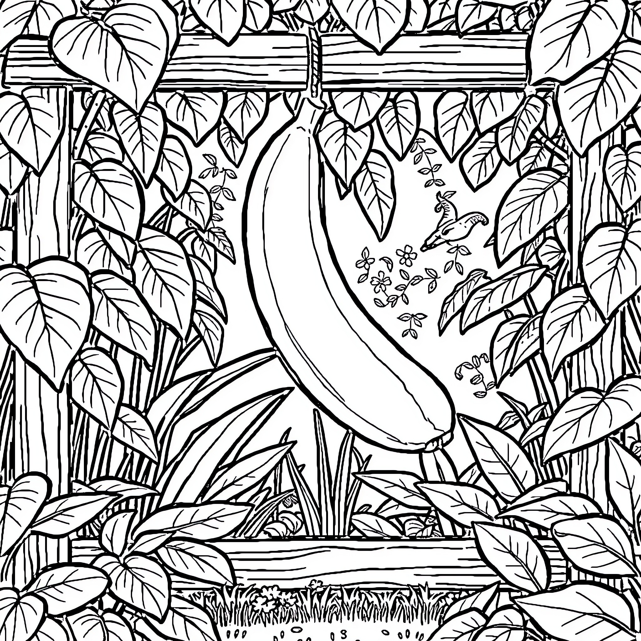 Banana hanging in lush tropical foliage Coloring Page (free black-and-white line drawing printable PDF for all, from beginners to advanced learners, including children, teens, adults, and seniors)