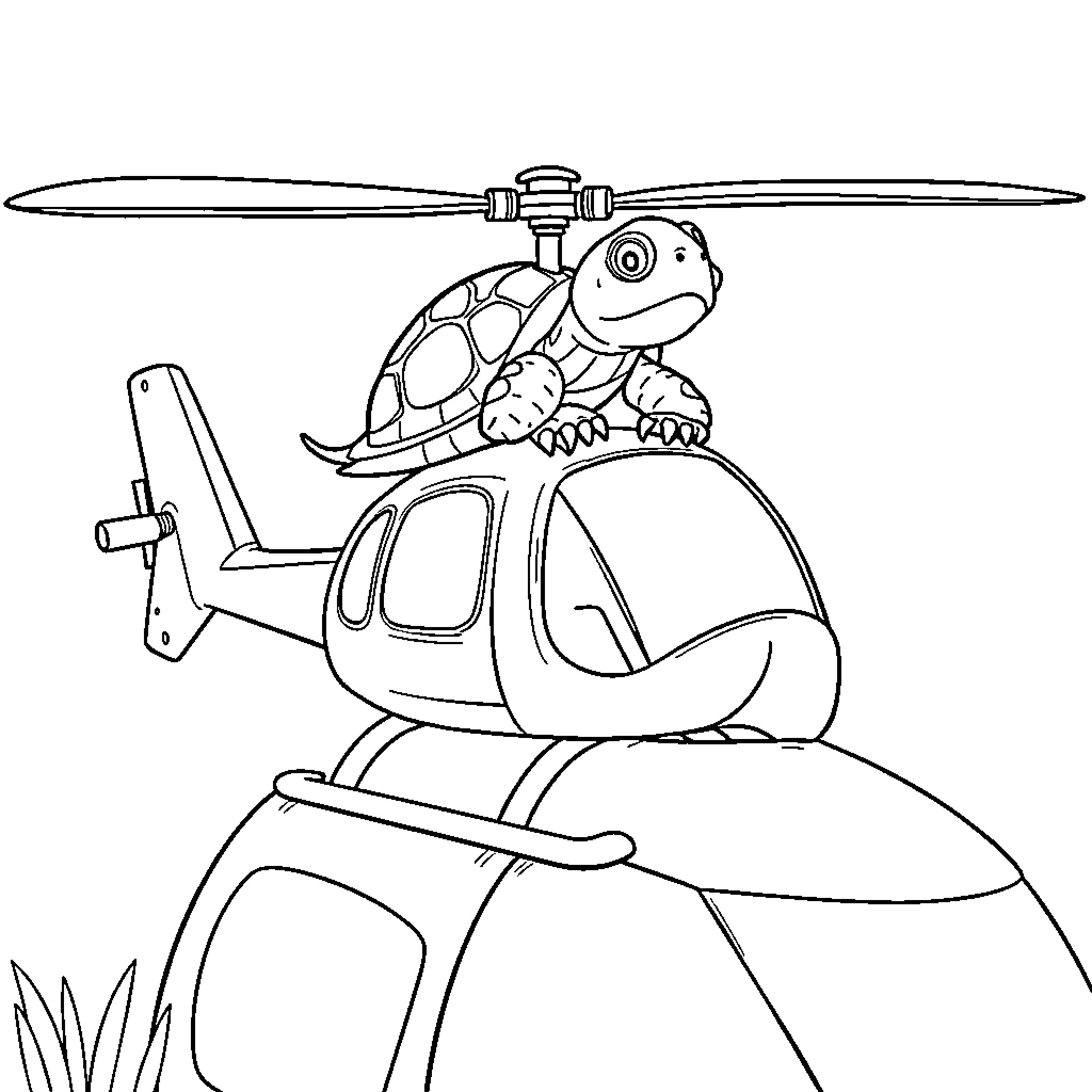 Turtle riding a helicopter in the park Coloring Page (free black-and-white line drawing printable PDF for all, from beginners to advanced learners, including children, teens, adults, and seniors)