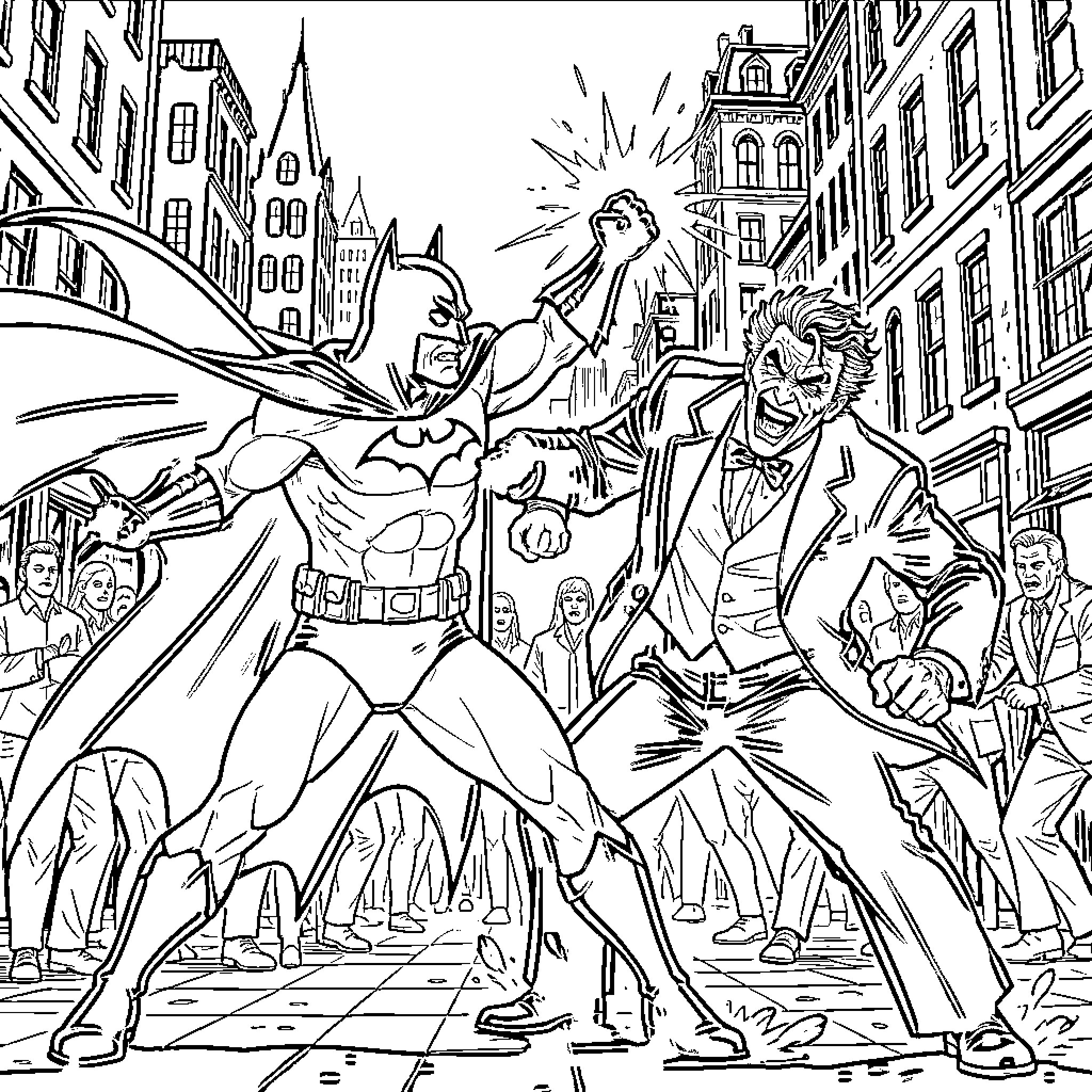 Bateman takes on the Joker in an urban showdown Coloring Page (free black-and-white line drawing printable PDF for all, from beginners to advanced learners, including children, teens, adults, and seniors)