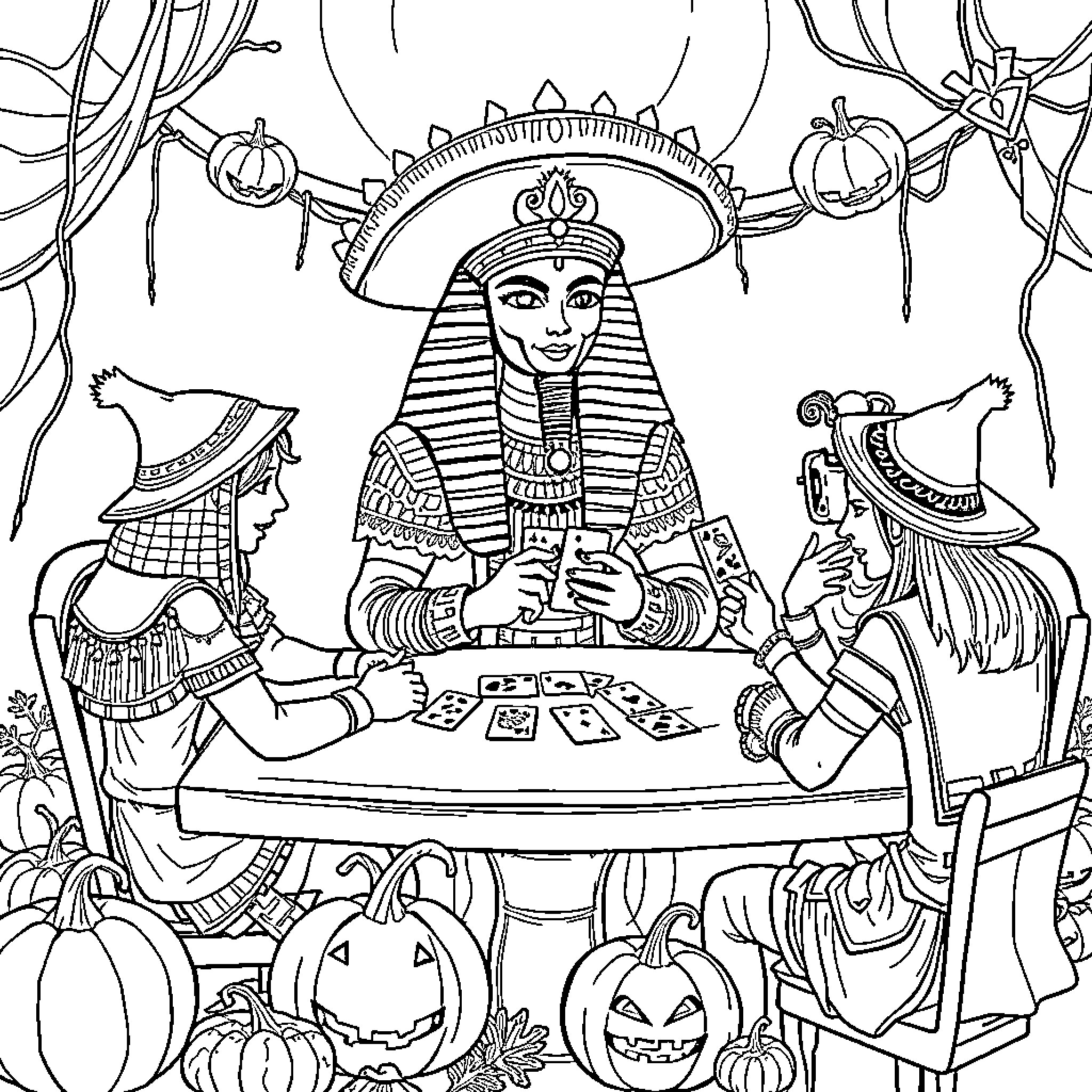 Pharaoh's Mystical Gathering: Spooky Rituals and Vibrant Attire Coloring Page (free black-and-white line drawing printable PDF for all, from beginners to advanced learners, including children, teens, adults, and seniors)