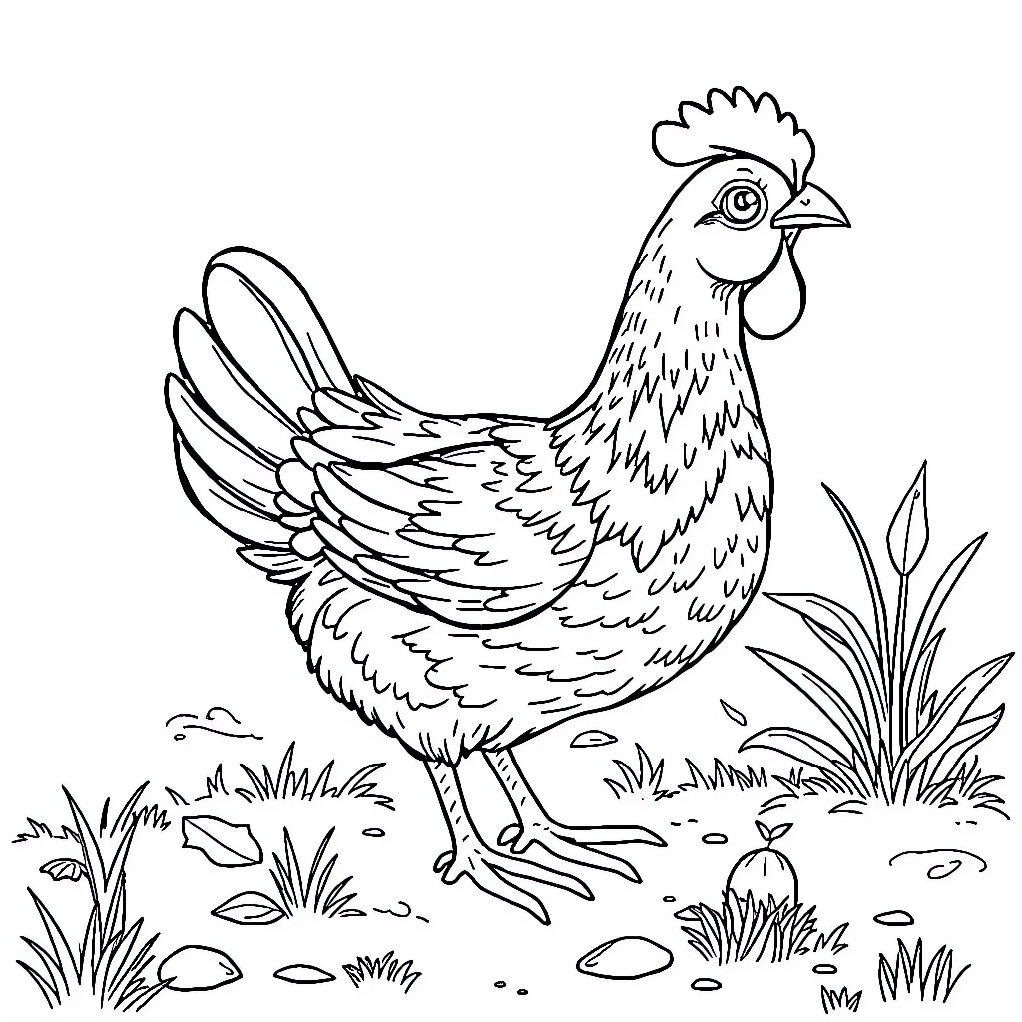 Hen roaming in the garden Coloring Page (free black-and-white line drawing printable PDF for all, from beginners to advanced learners, including children, teens, adults, and seniors)