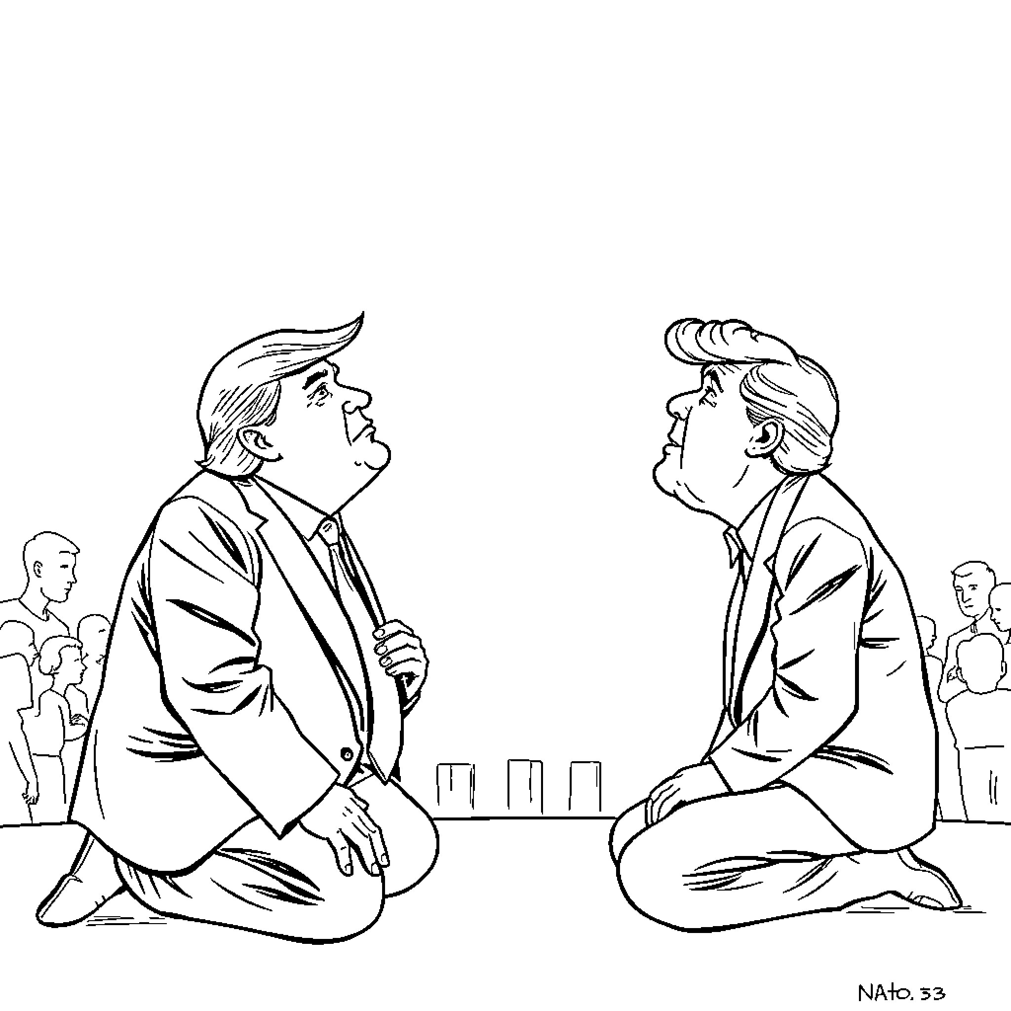 Donald Trump engages in heated discussion with another person Coloring Page (free black-and-white line drawing printable PDF for all, from beginners to advanced learners, including children, teens, adults, and seniors)